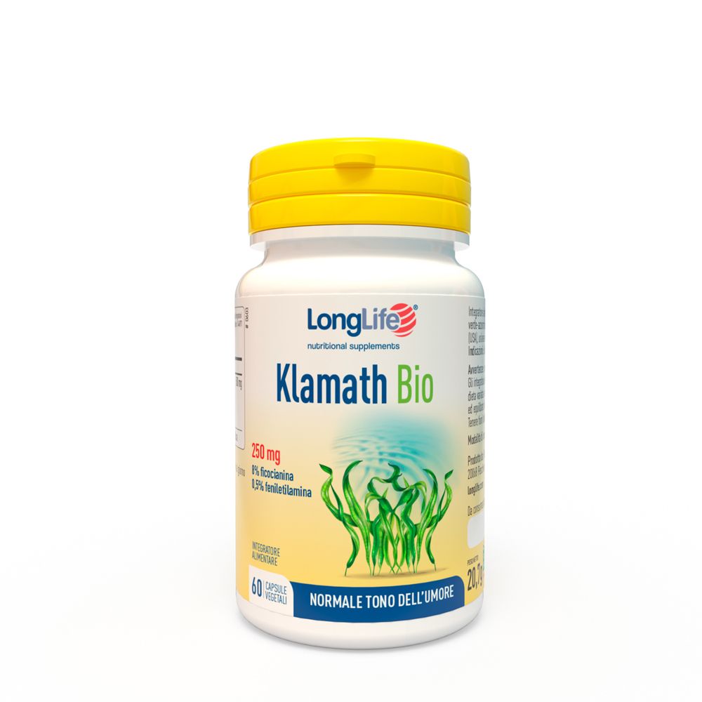 Flacone bianco con tappo giallo. Scritta Klamath Bio, 60 capsule. Illustrazione di alghe.