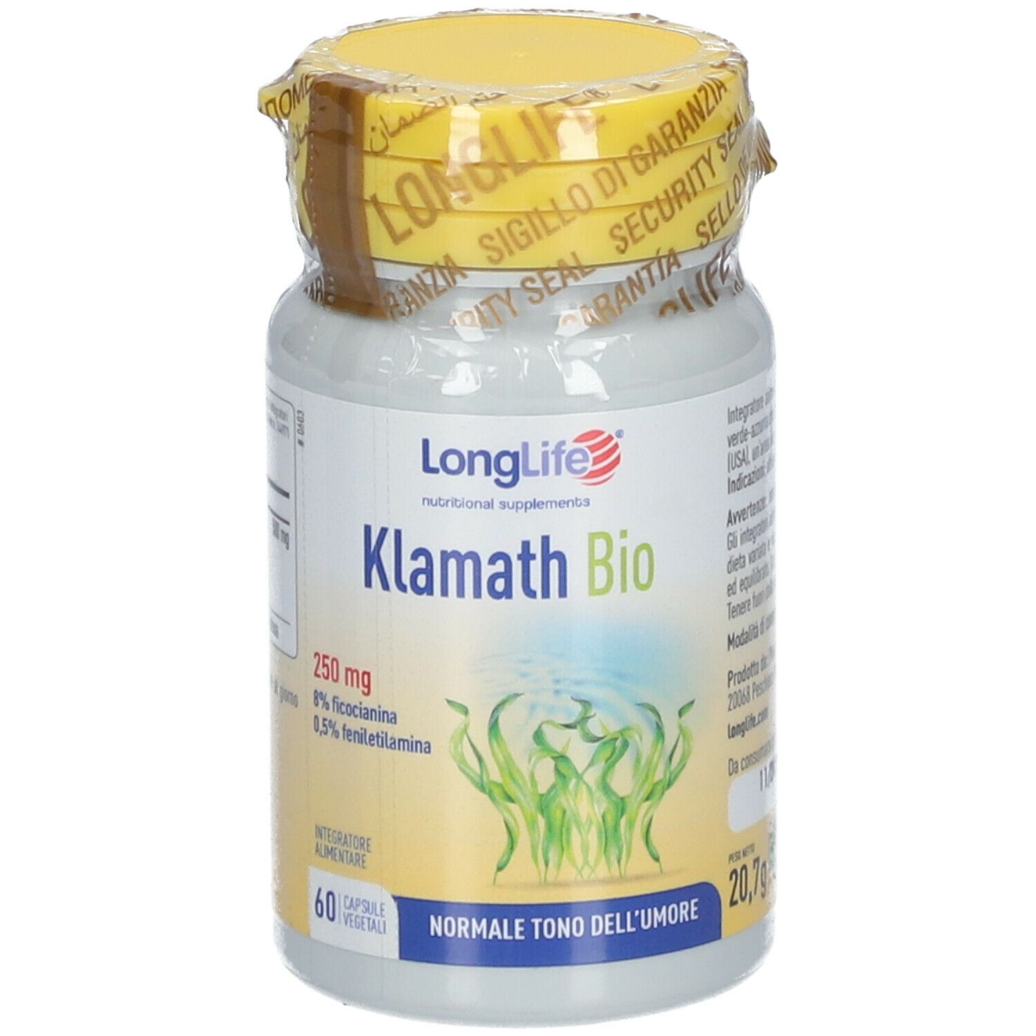 Flacone Klamath Bio con tappo giallo e sigillo. Scritta: 60 capsule, Klamath Bio. Illustrazione alghe.