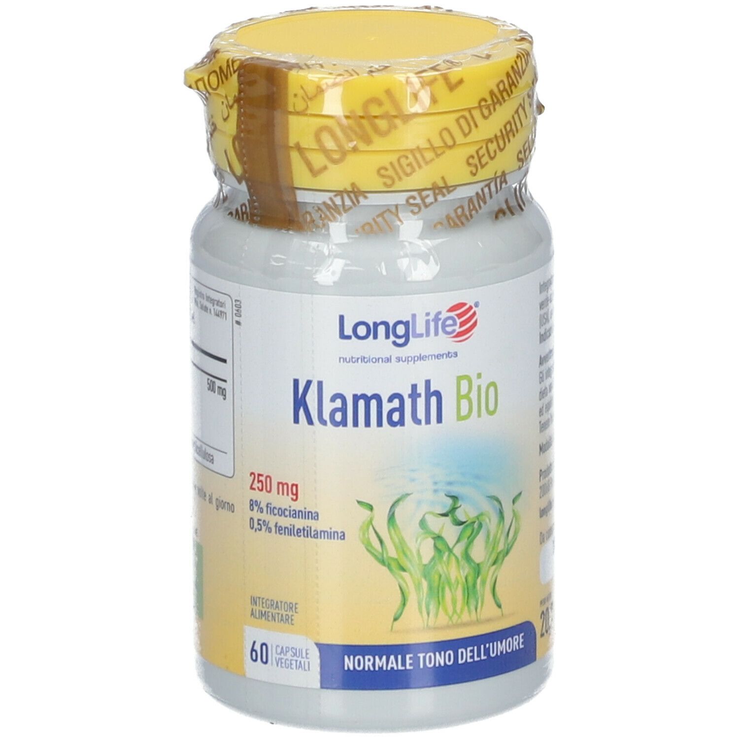 Flacone Klamath Bio con tappo giallo e sigillo. Scritta: 60 capsule, Klamath Bio. Illustrazione alghe.