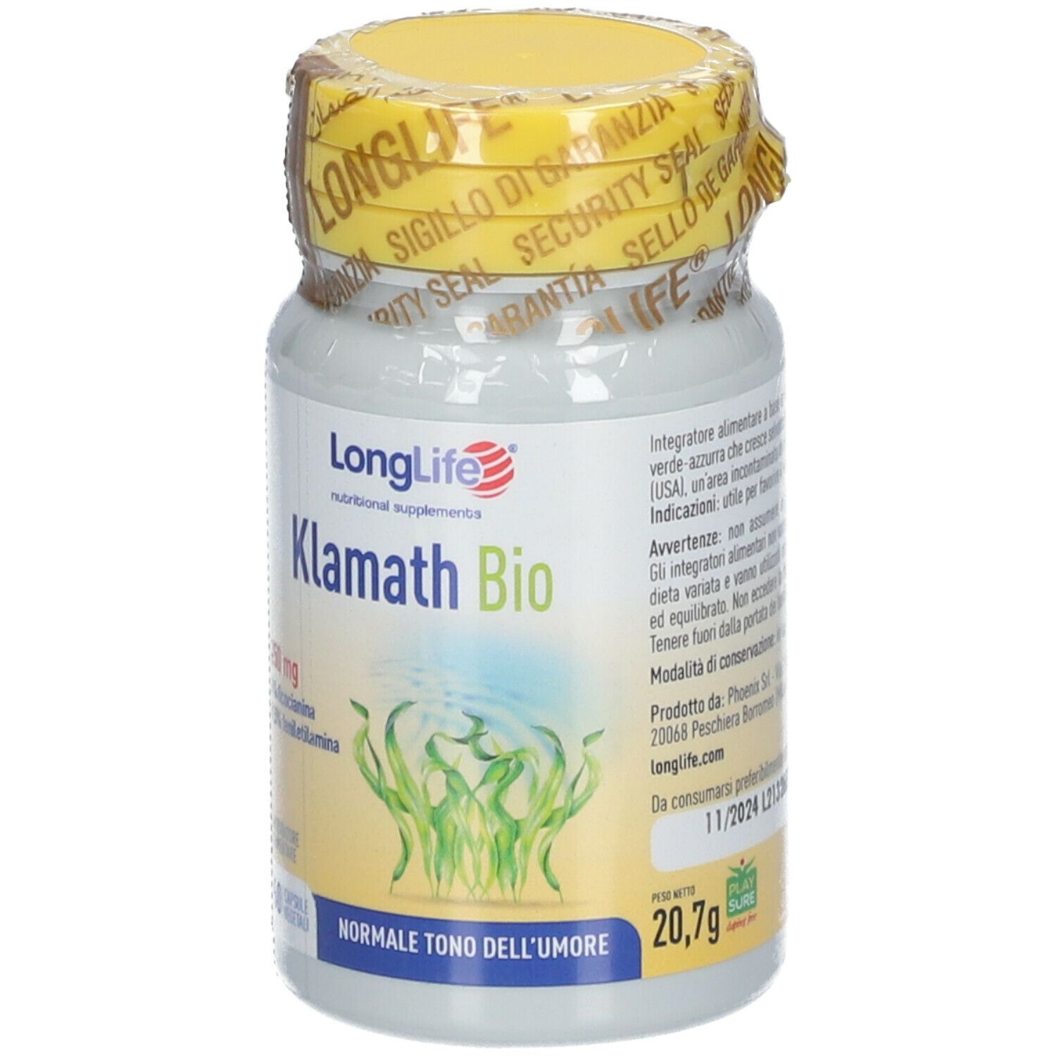 Flacone Klamath Bio con tappo giallo e sigillo. Scritta: 60 capsule, Klamath Bio. Illustrazione alghe.