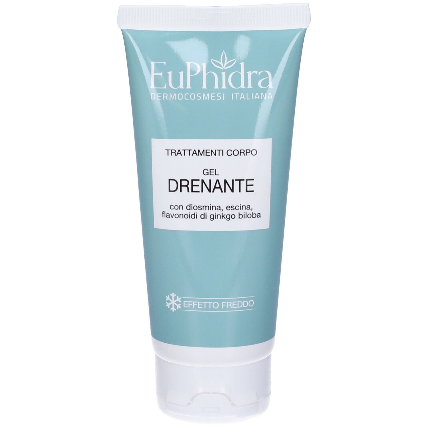 Tubo azzurro chiaro con tappo bianco. Scritta: EuPhidra, Trattamenti Corpo Gel Drenante. Con diosmina, escina.