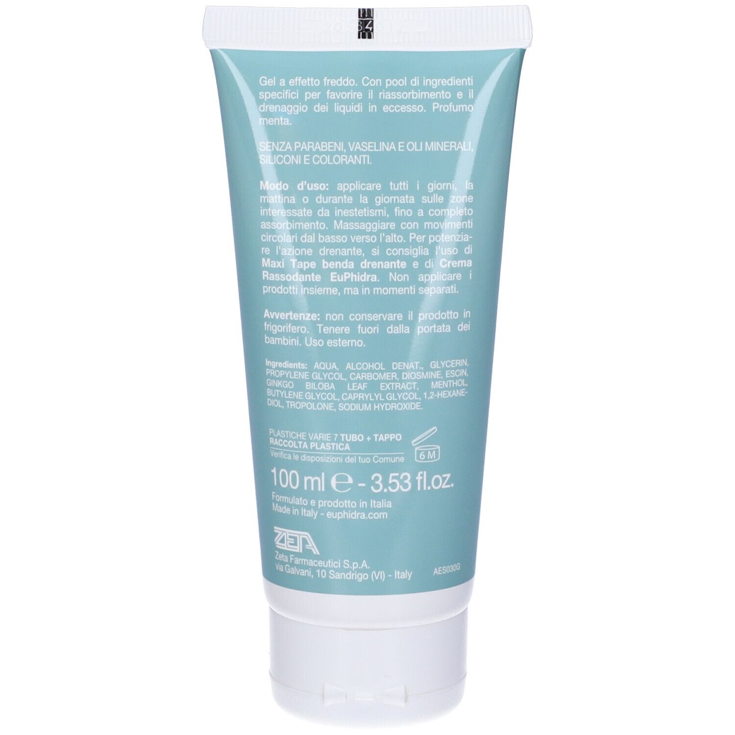 Retro del tubo azzurro chiaro. Testo con ingredienti e istruzioni per l'uso. 100 ml. Prodotto in Italia.