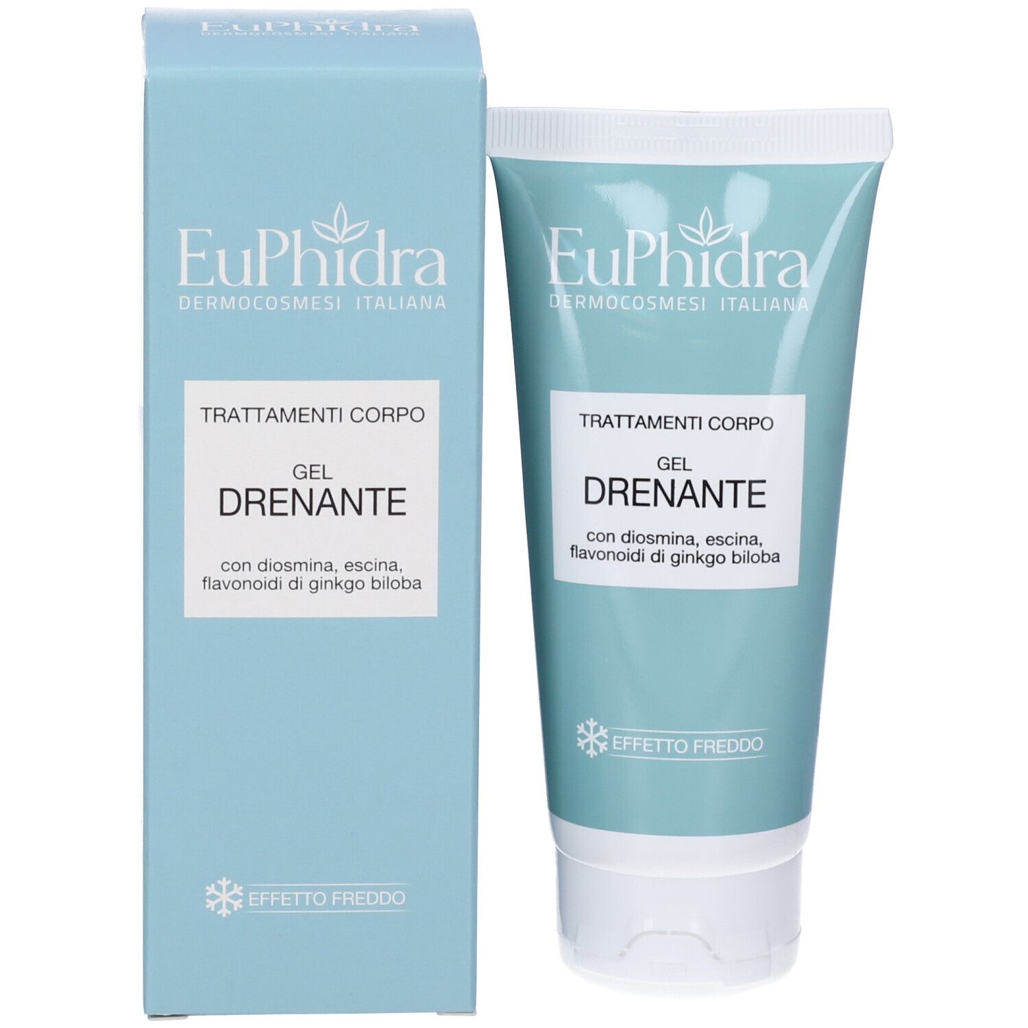 Scatola e tubo azzurri chiari. Scritta: EuPhidra, Trattamenti Corpo Gel Drenante. Con diosmina, escina. Effetto freddo.