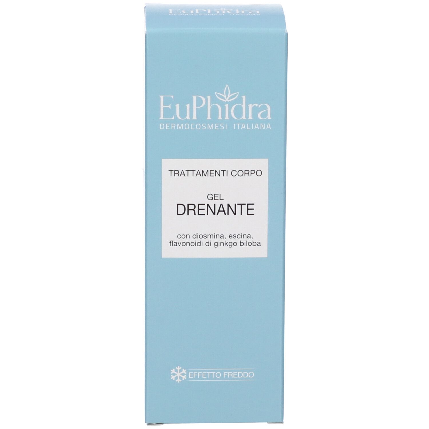 Scatola azzurra chiara. Scritta: EuPhidra, Trattamenti Corpo Gel Drenante. Con diosmina, escina. Effetto freddo.