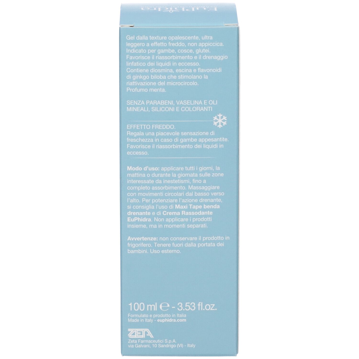 Retro della scatola azzurra chiara. Testo con ingredienti e istruzioni per l'uso. 100 ml. Prodotto in Italia.