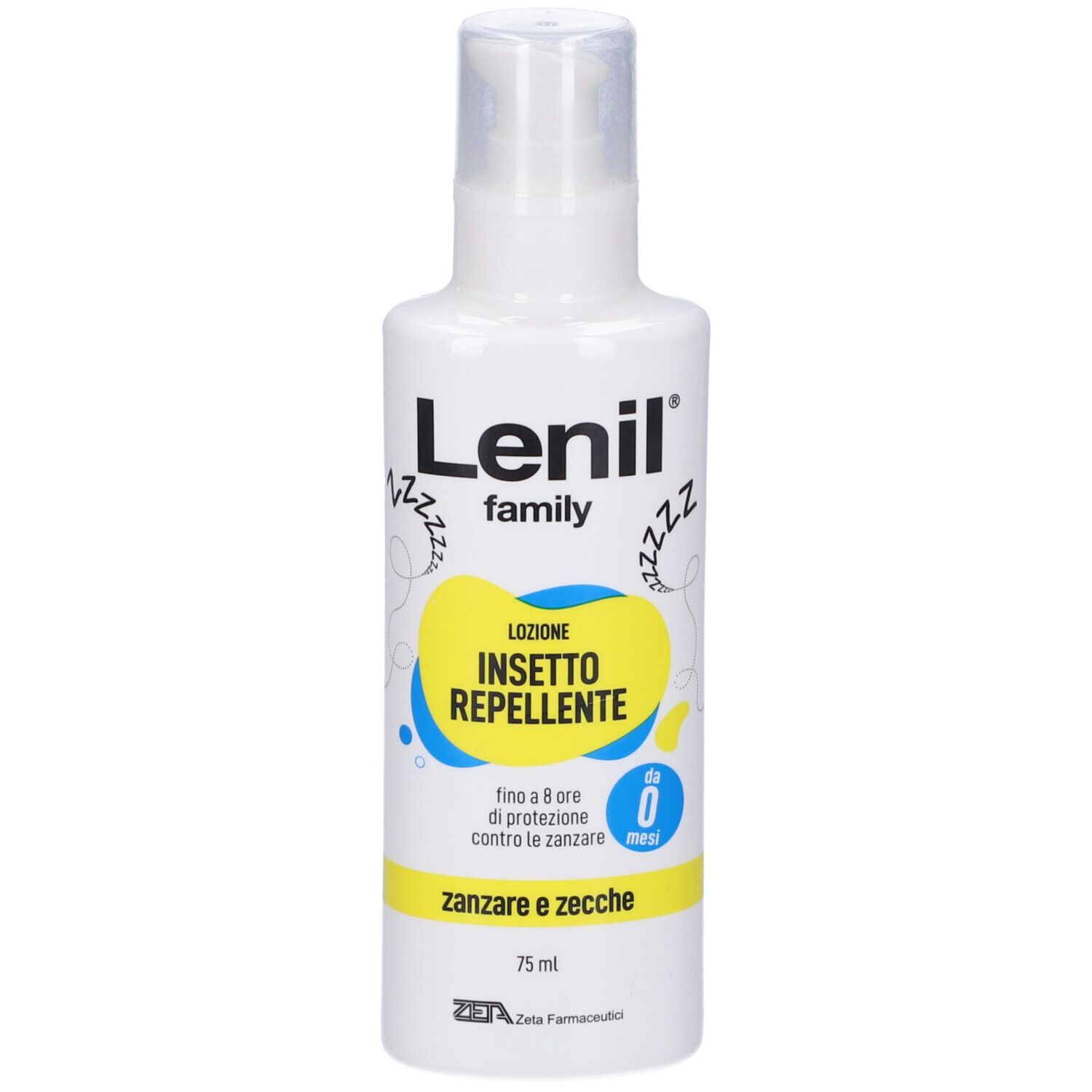 Flacone bianco con dosatore. Etichetta gialla con testo blu: 'Lenil family Lozione Insetto Repellente'.