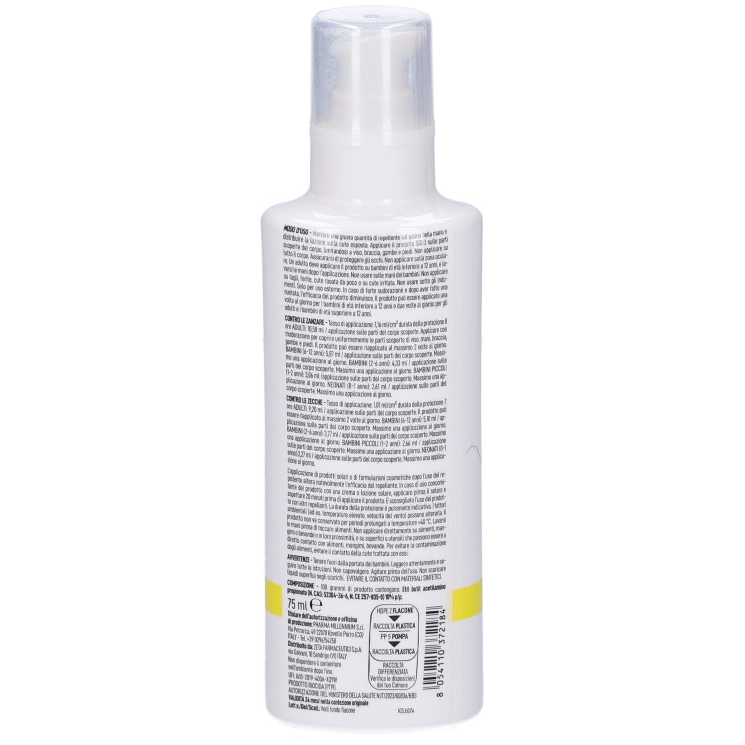 Retro del flacone bianco. Etichetta gialla con testo e codice a barre. Testo multilingue.