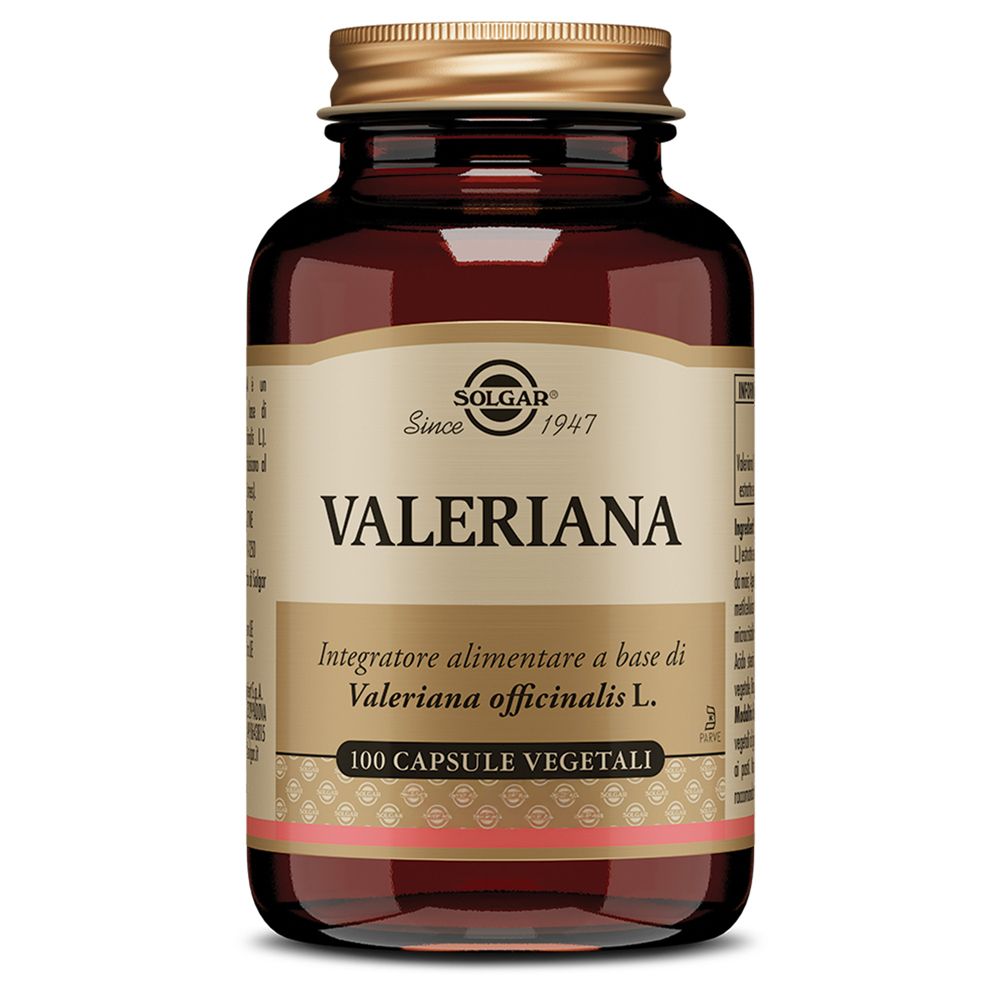 Flacone di vetro marrone con tappo dorato. Scritta: SOLGAR Valeriana, 100 capsule vegetali.