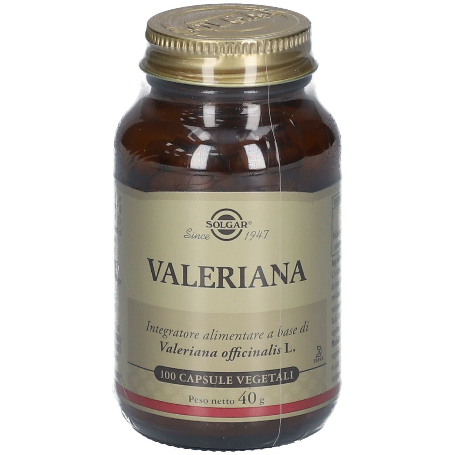 Flacone di vetro marrone con tappo dorato. Scritta: SOLGAR Valeriana, 100 capsule vegetali, 40g.