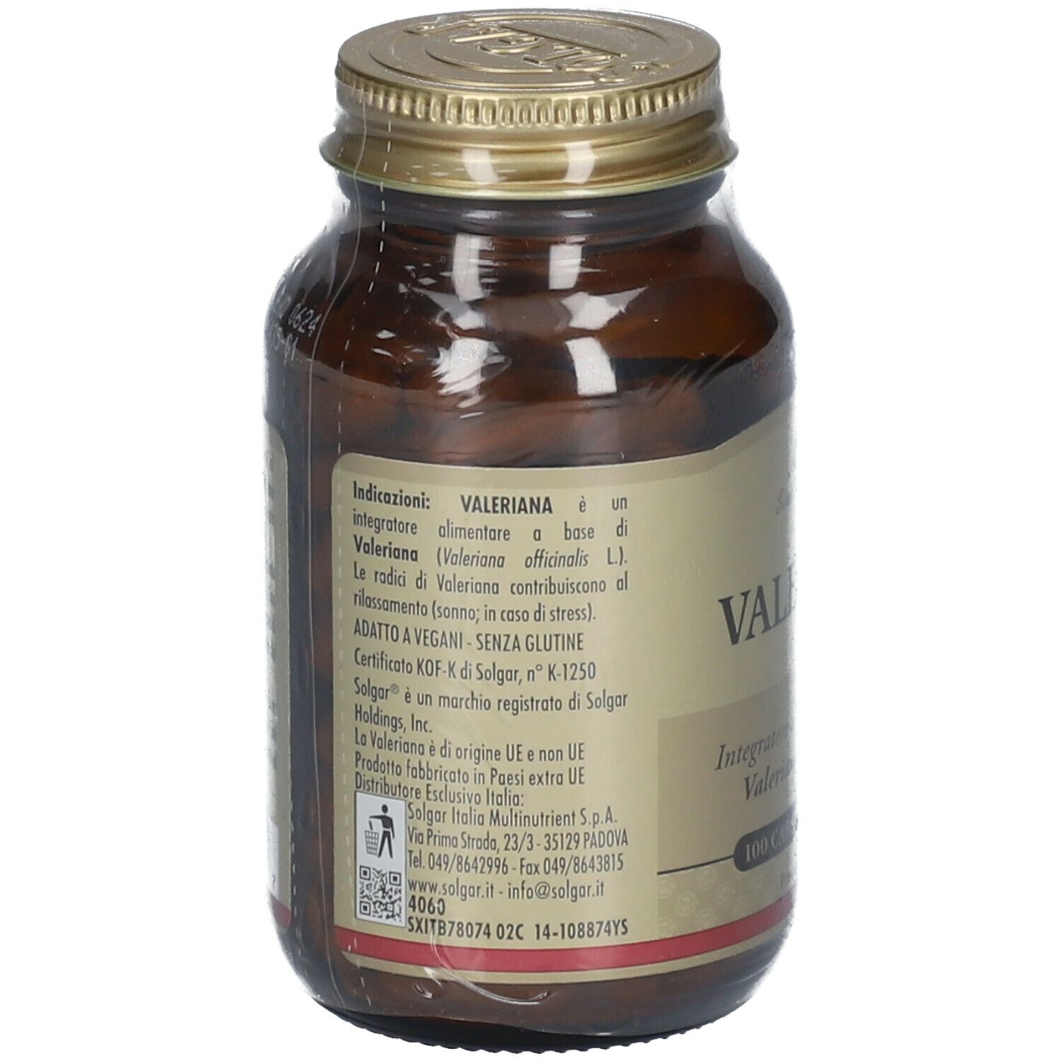 Flacone di vetro marrone con tappo dorato. Retro con testo: Indicazioni, ingredienti, informazioni produttore.