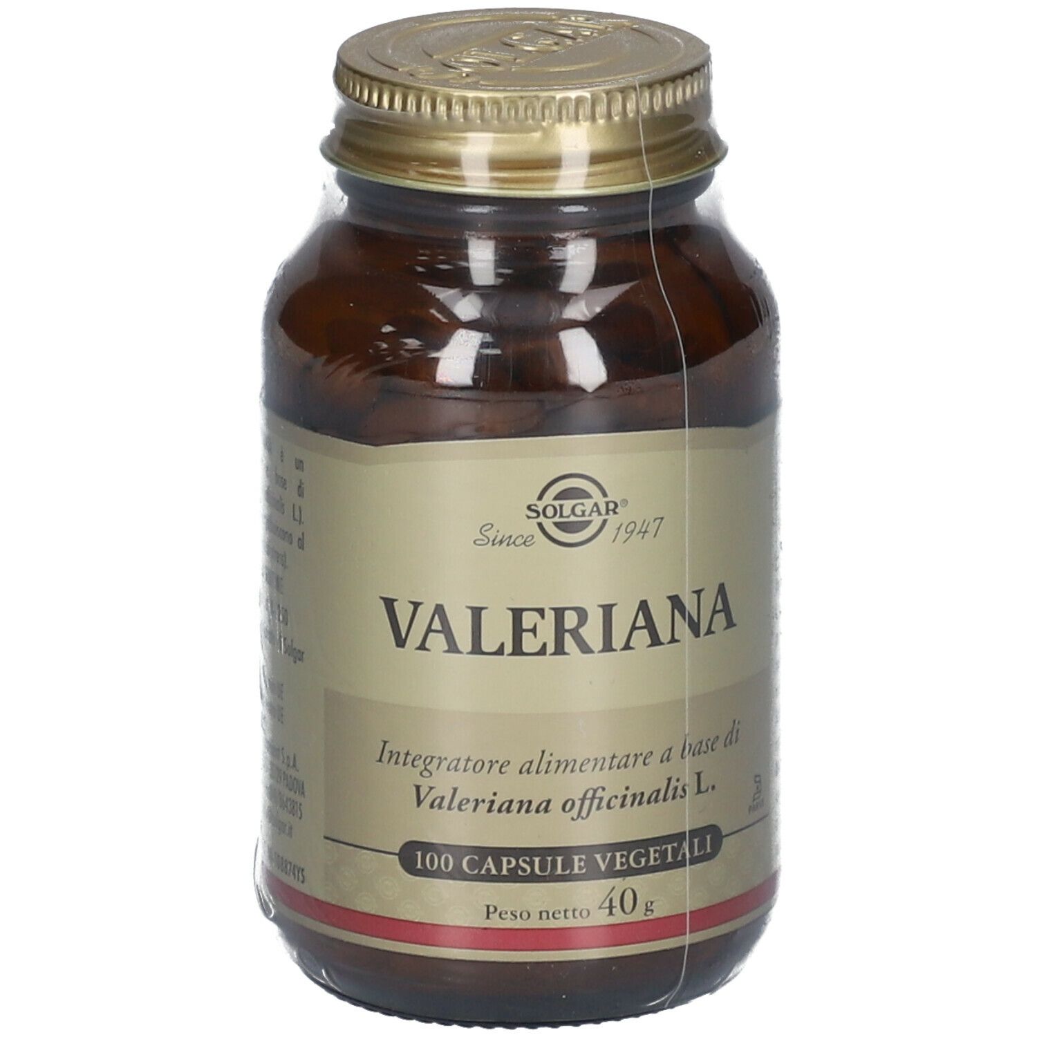 Flacone di vetro marrone con tappo dorato. Scritta: SOLGAR Valeriana, 100 capsule vegetali, 40g.