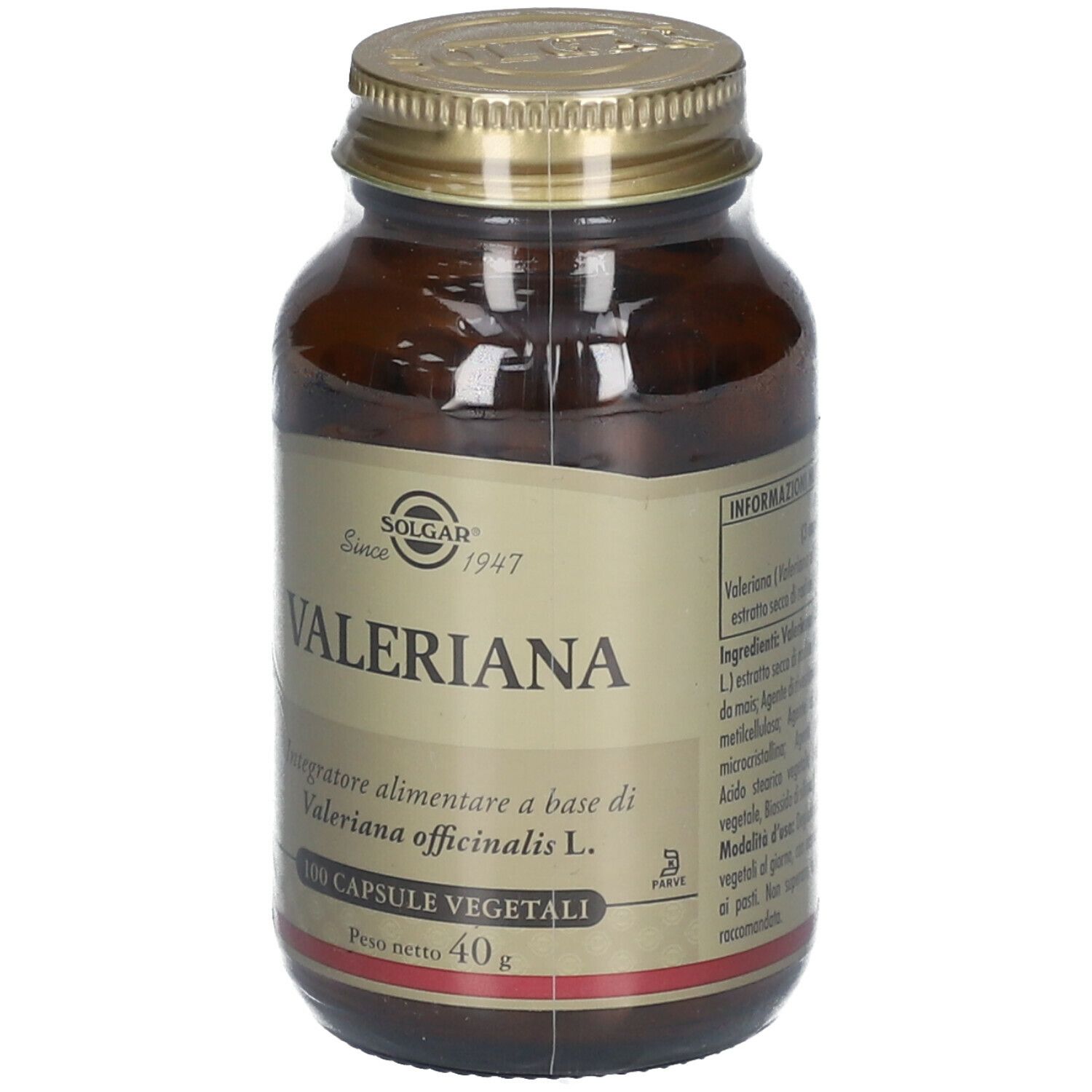 Flacone di vetro marrone con tappo dorato. Scritta: SOLGAR Valeriana, 100 capsule vegetali, 40g.
