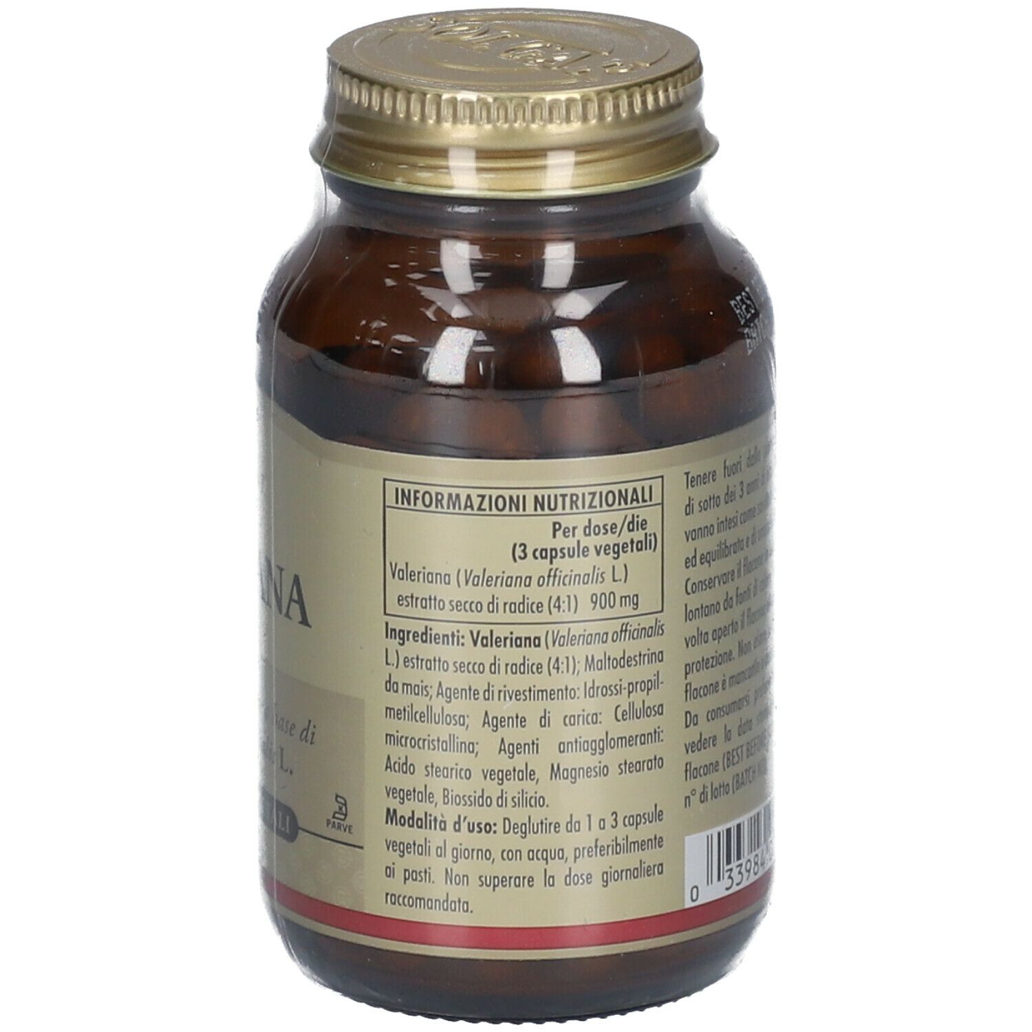 Flacone di vetro marrone con tappo dorato. Retro con testo: Informazioni nutrizionali, ingredienti, modalità d'uso.