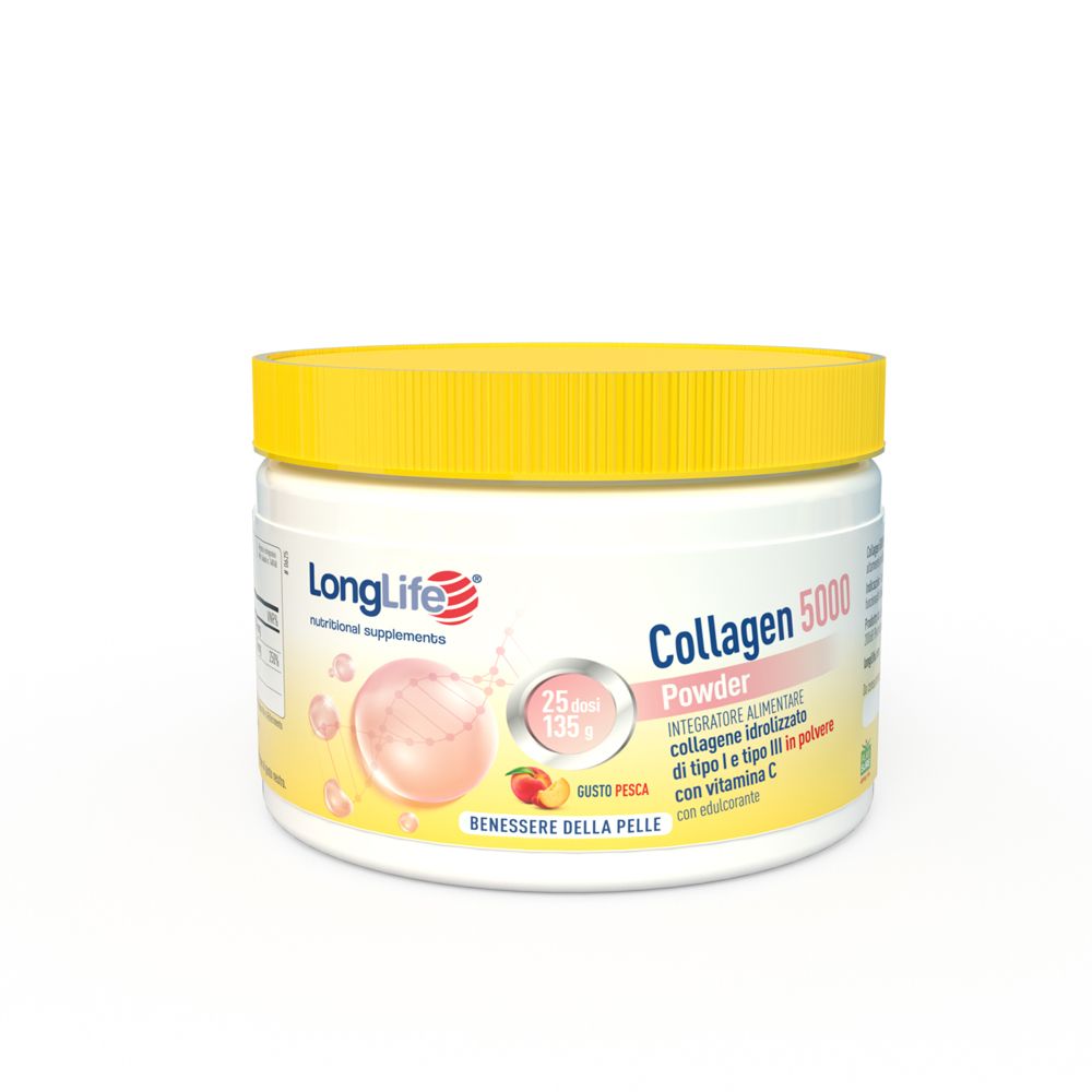 Barattolo bianco con coperchio giallo. Scritta: LongLife, Collagen 5000, gusto pesca. Illustrazione di una preparazione alla pesca.