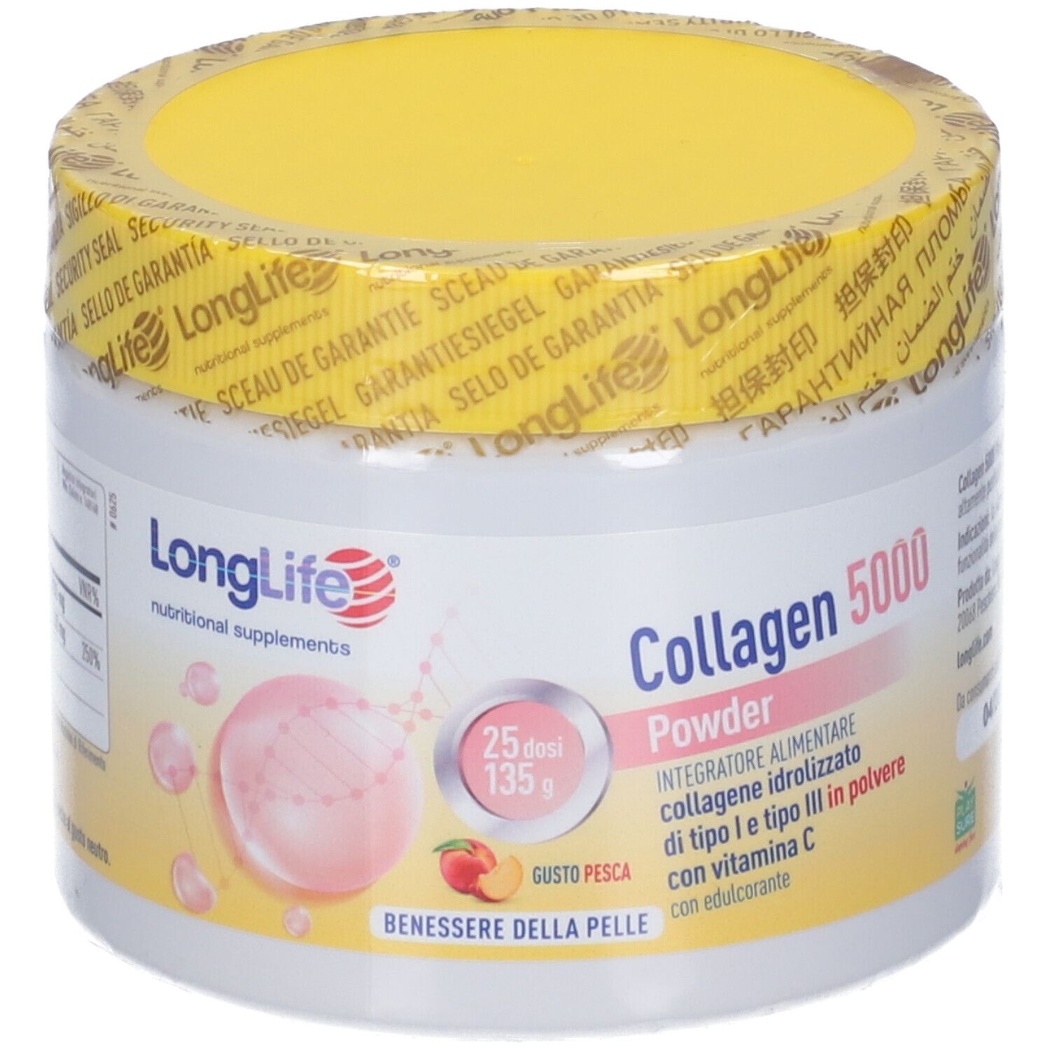 Barattolo bianco con coperchio giallo, sigillato. Scritta: LongLife, Collagen 5000, gusto pesca. 25 dosi.