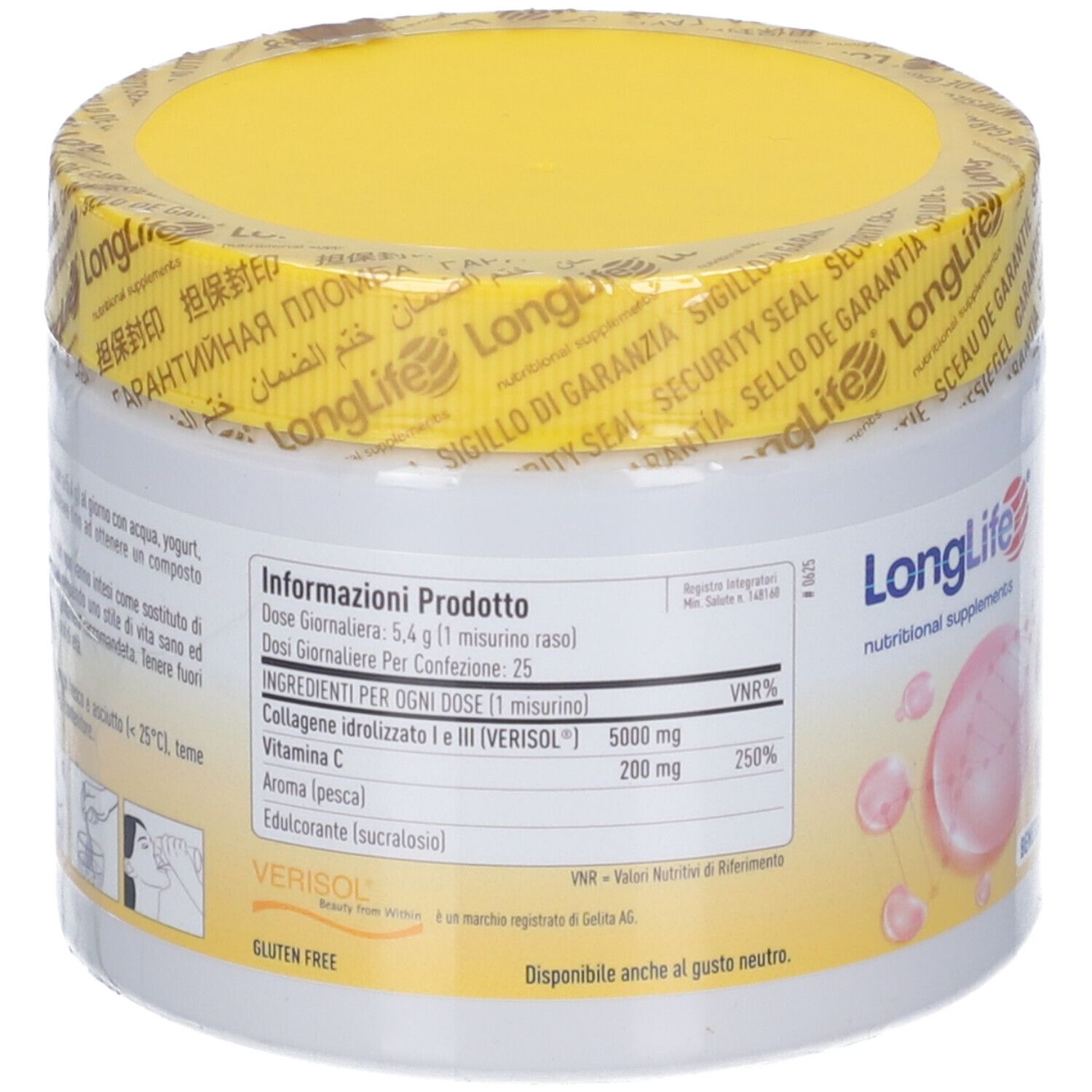 Retro del barattolo con coperchio giallo. Informazioni su ingredienti, dosaggio e valori nutrizionali. Senza glutine.
