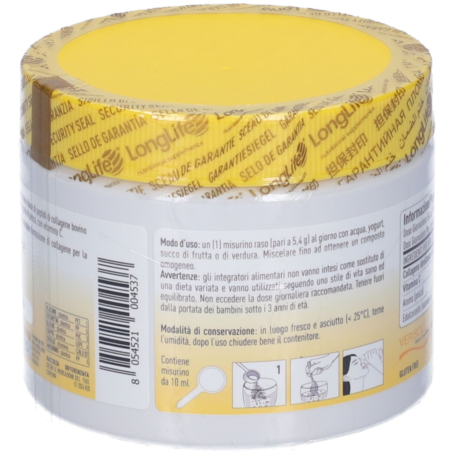 Retro del barattolo con coperchio giallo. Istruzioni per l'uso, consigli per la conservazione e codice a barre.