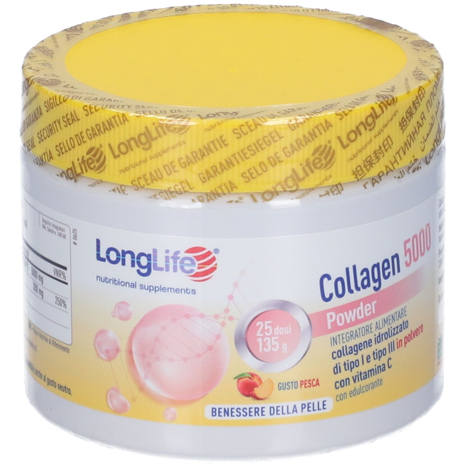 Barattolo bianco con coperchio giallo. Scritta: LongLife, Collagen 5000, gusto pesca. 25 dosi.