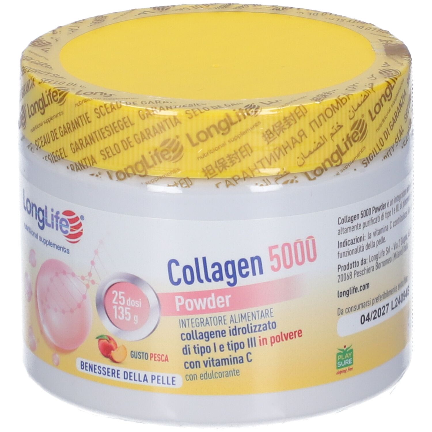 Barattolo bianco con coperchio giallo. Scritta: LongLife, Collagen 5000, gusto pesca. 25 dosi. Data di scadenza.