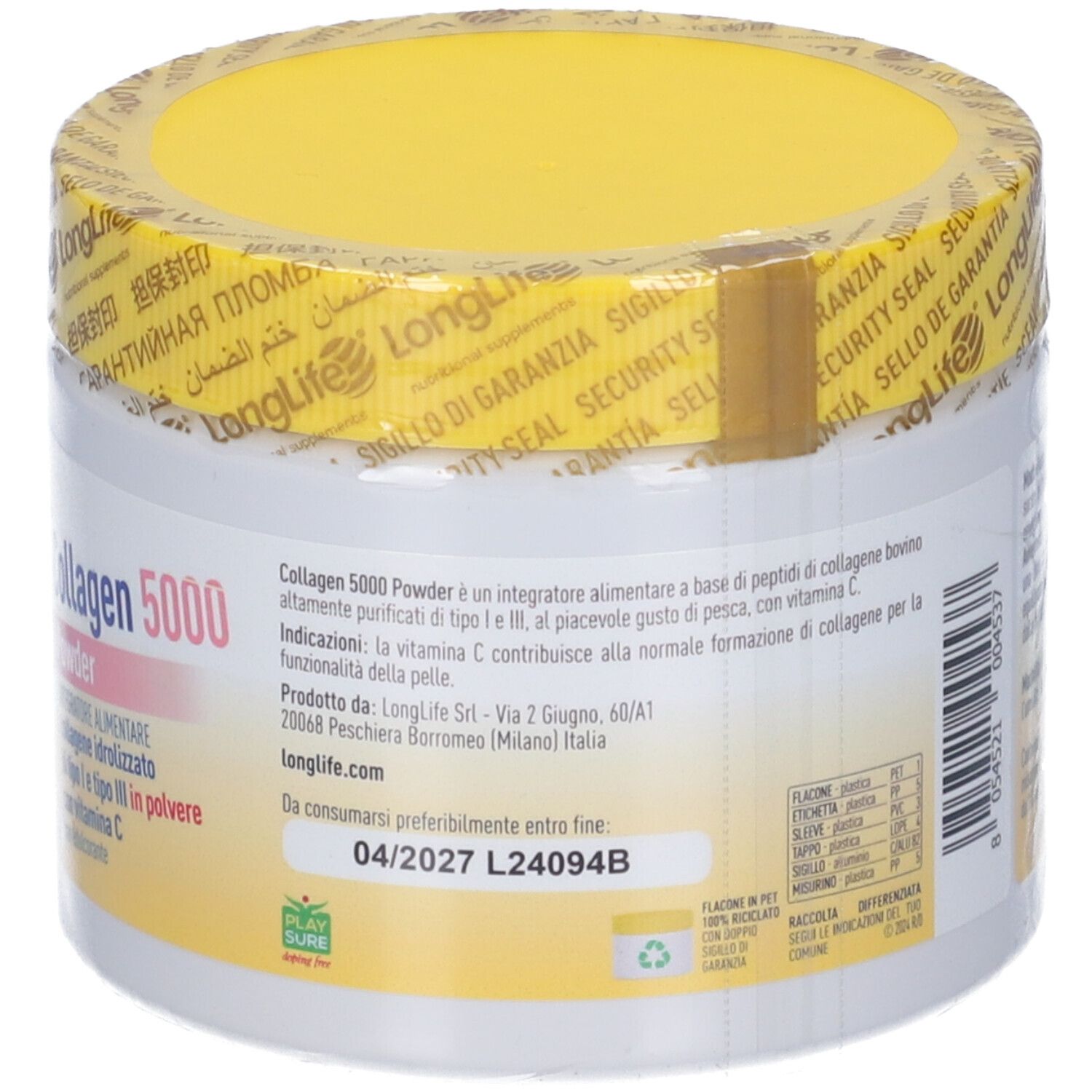 Retro del barattolo con coperchio giallo. Informazioni sul prodotto, data di scadenza e logo di riciclaggio.
