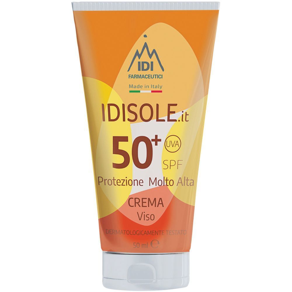Tubo crema solare IDISOLE.it SPF 50+ Crema Viso. Design arancione e giallo con informazioni e logo.