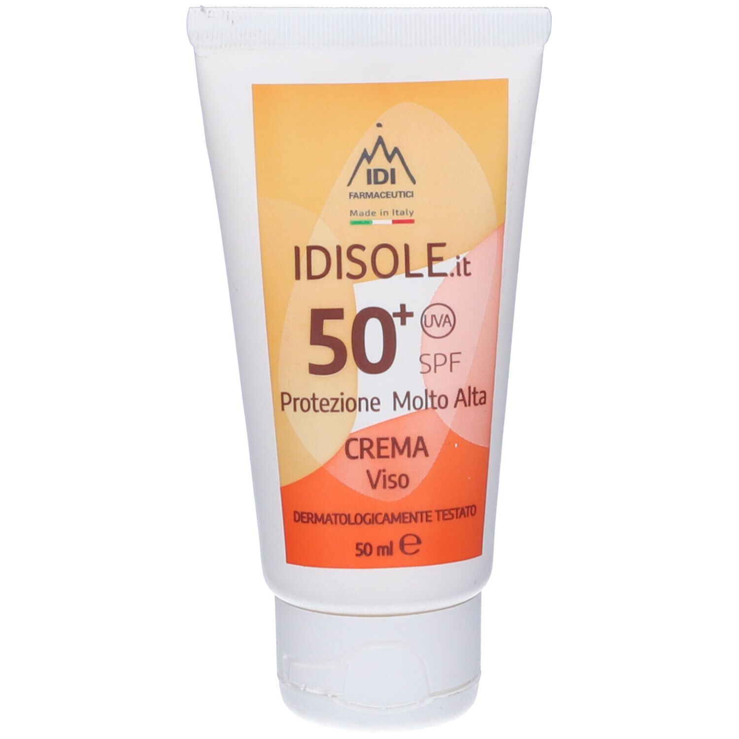 Tubo crema solare IDISOLE.it SPF 50+ Crema Viso. Design bianco con accenti arancioni e informazioni.