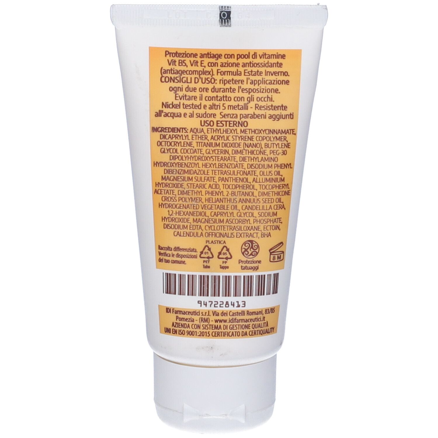 Retro del tubo IDISOLE.it SPF 50+ Crema Viso. Testo con ingredienti, istruzioni e loghi.