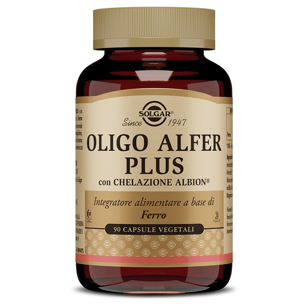 Flacone di vetro marrone con capsule. Scritta: OLIGO ALFER PLUS, con Ferrochel. 90 capsule vegetali. Marchio SOLGAR.