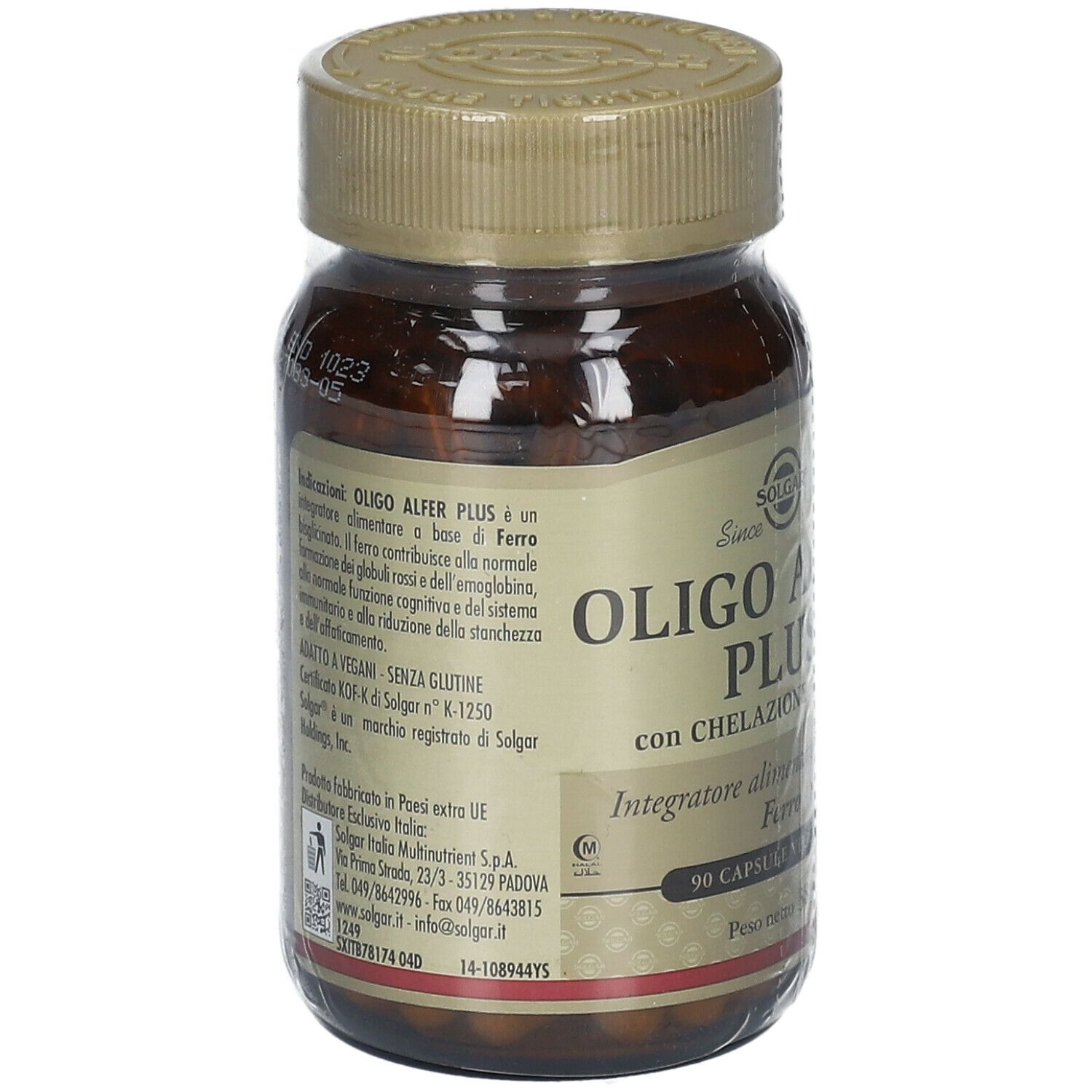 Retro di un flacone di vetro marrone con capsule. Scritta: OLIGO ALFER PLUS. Informazioni sugli ingredienti e l'uso.