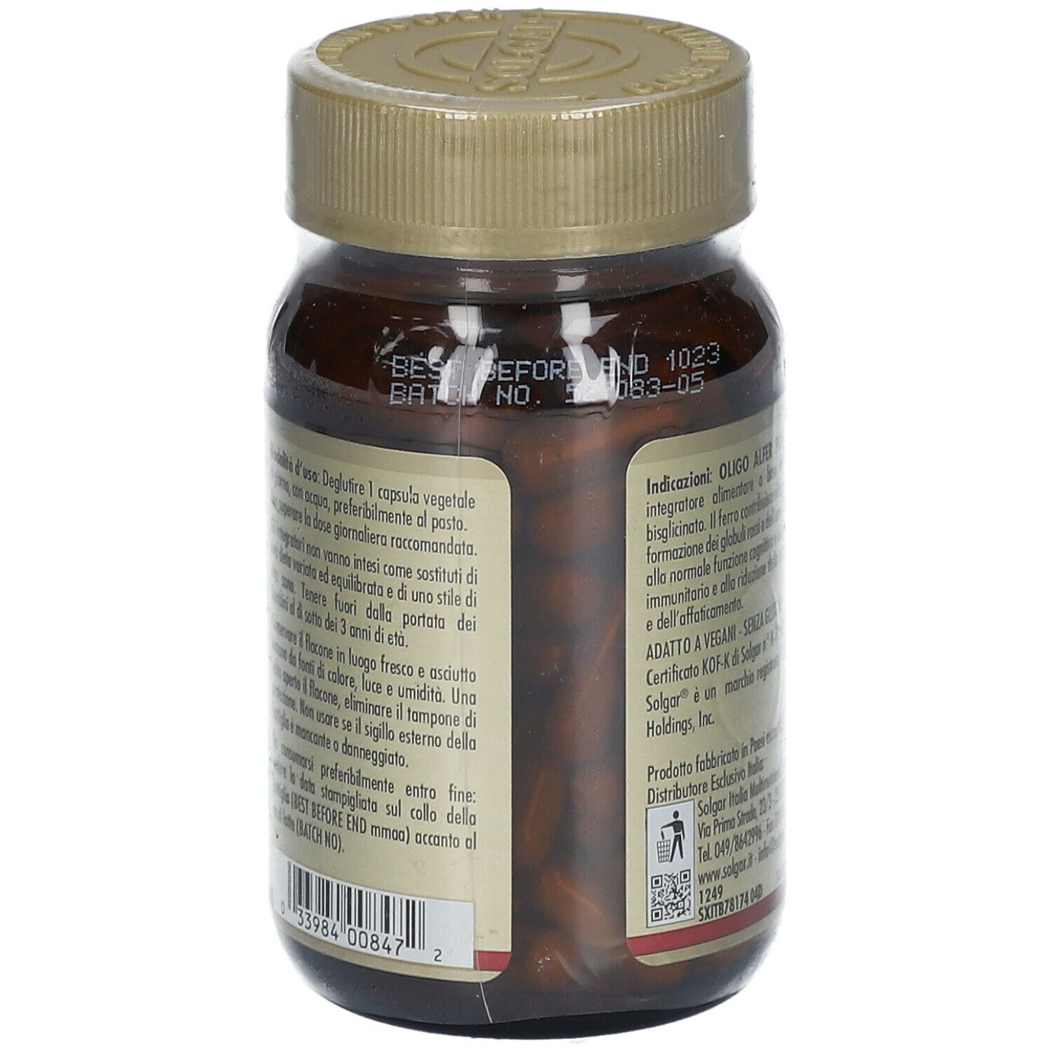 Retro di un flacone di vetro marrone con capsule. Scritta: OLIGO ALFER PLUS. Informazioni sugli ingredienti e l'uso.