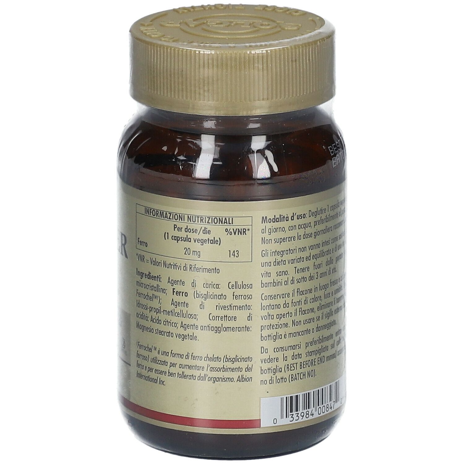 Retro di un flacone di vetro marrone con capsule. Scritta: OLIGO ALFER PLUS. Informazioni sugli ingredienti e l'uso.