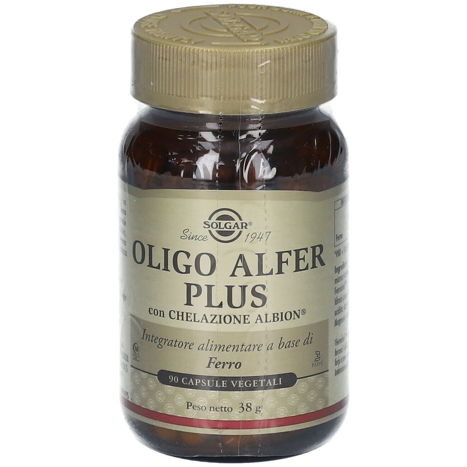 Flacone di vetro marrone con capsule. Scritta: OLIGO ALFER PLUS, con chelazione ALBION. 90 capsule vegetali. Marchio SOLGAR.