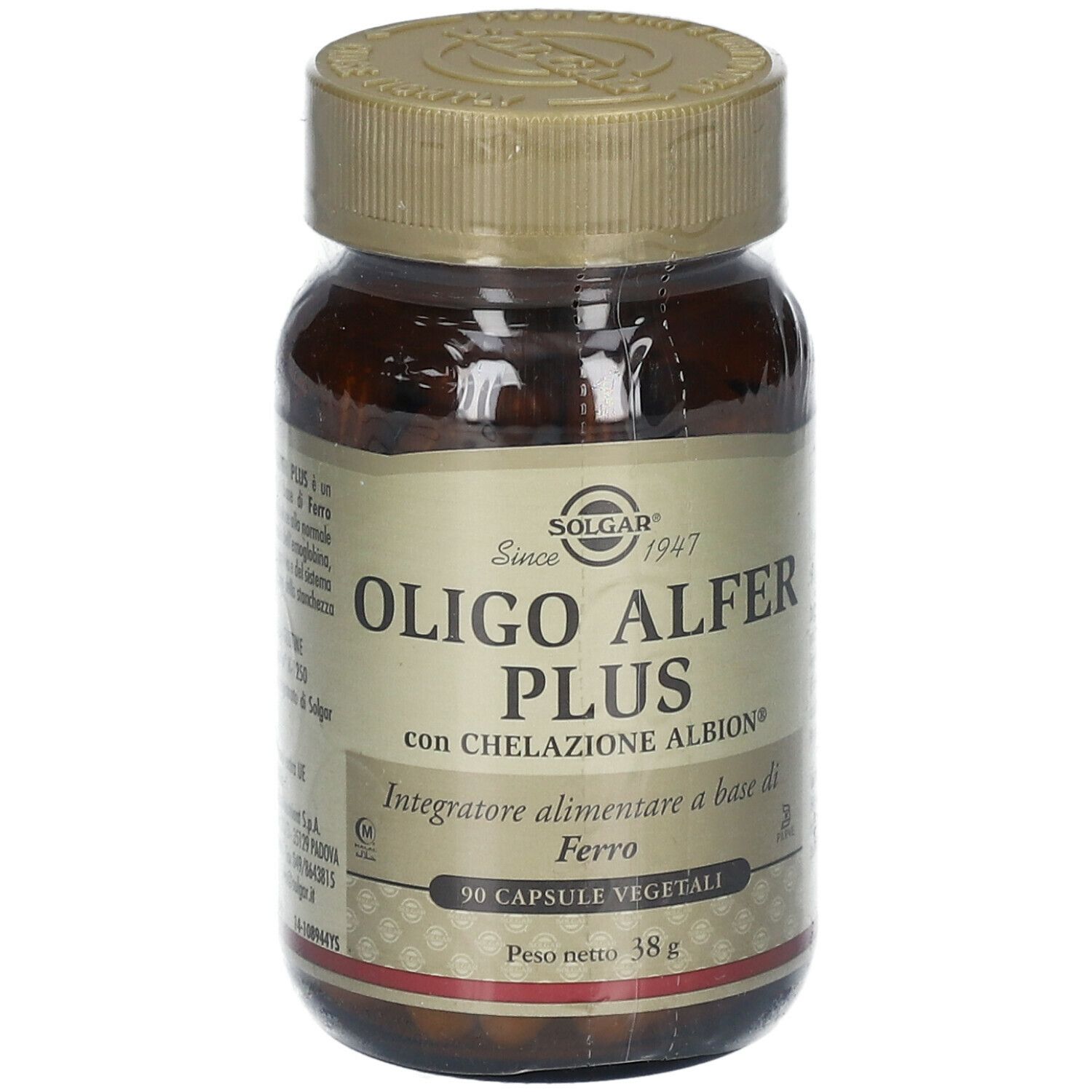 Flacone di vetro marrone con capsule. Scritta: OLIGO ALFER PLUS, con chelazione ALBION. 90 capsule vegetali. Marchio SOLGAR.