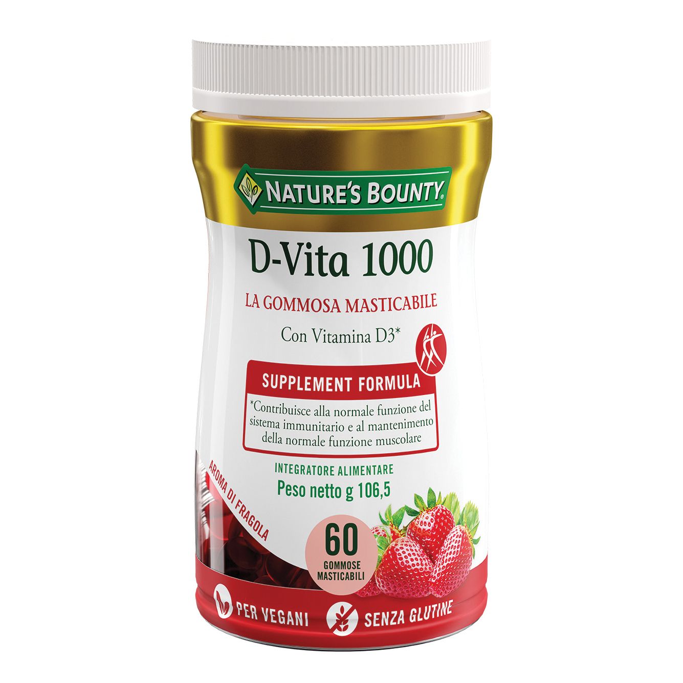 Confezione di D-Vita 1000. Nature's Bounty, D-Vita 1000, aroma fragola. 60 caramelle gommose, senza glutine, vegano.