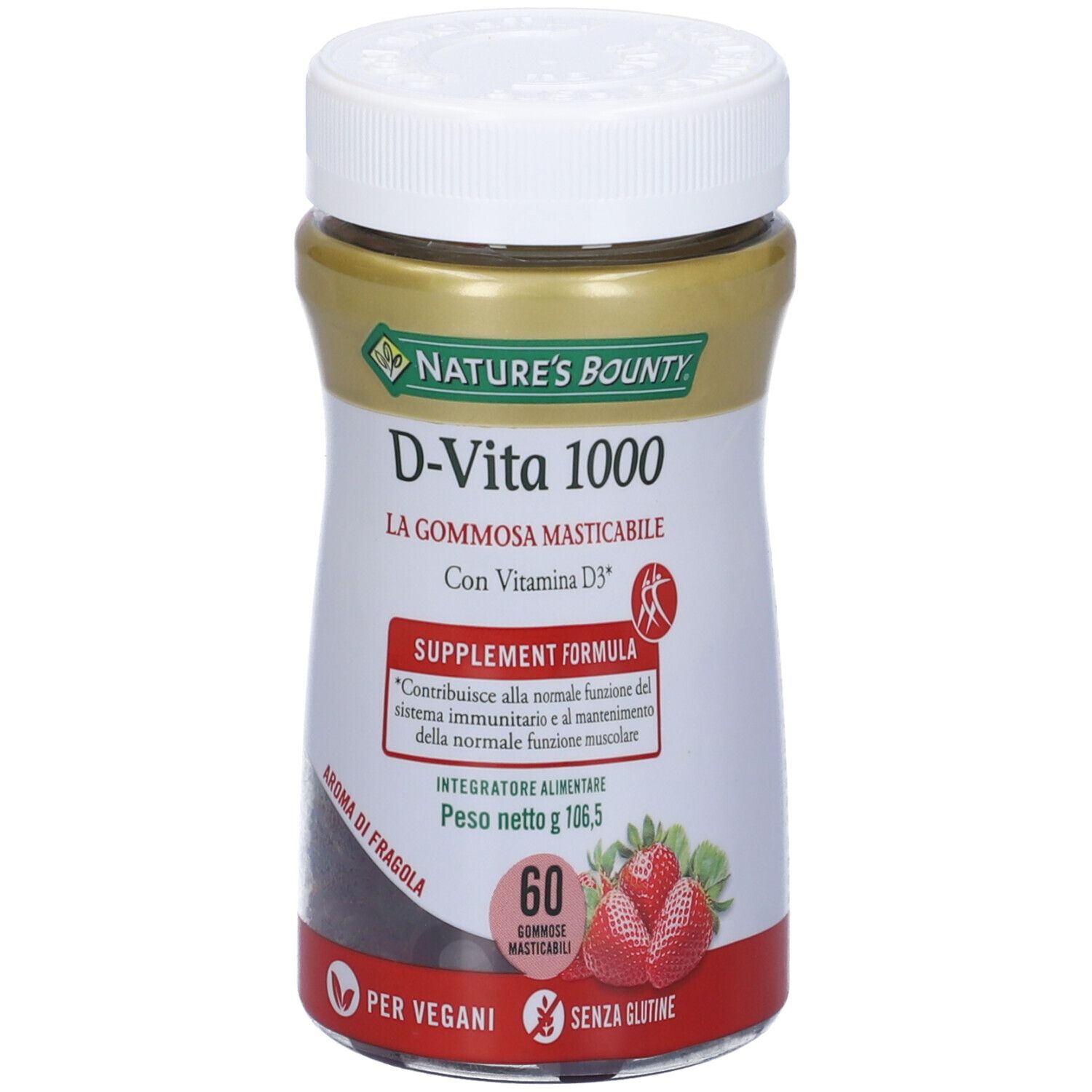 Confezione di D-Vita 1000. Nature's Bounty, D-Vita 1000, aroma fragola. 60 caramelle gommose, senza glutine, vegano.