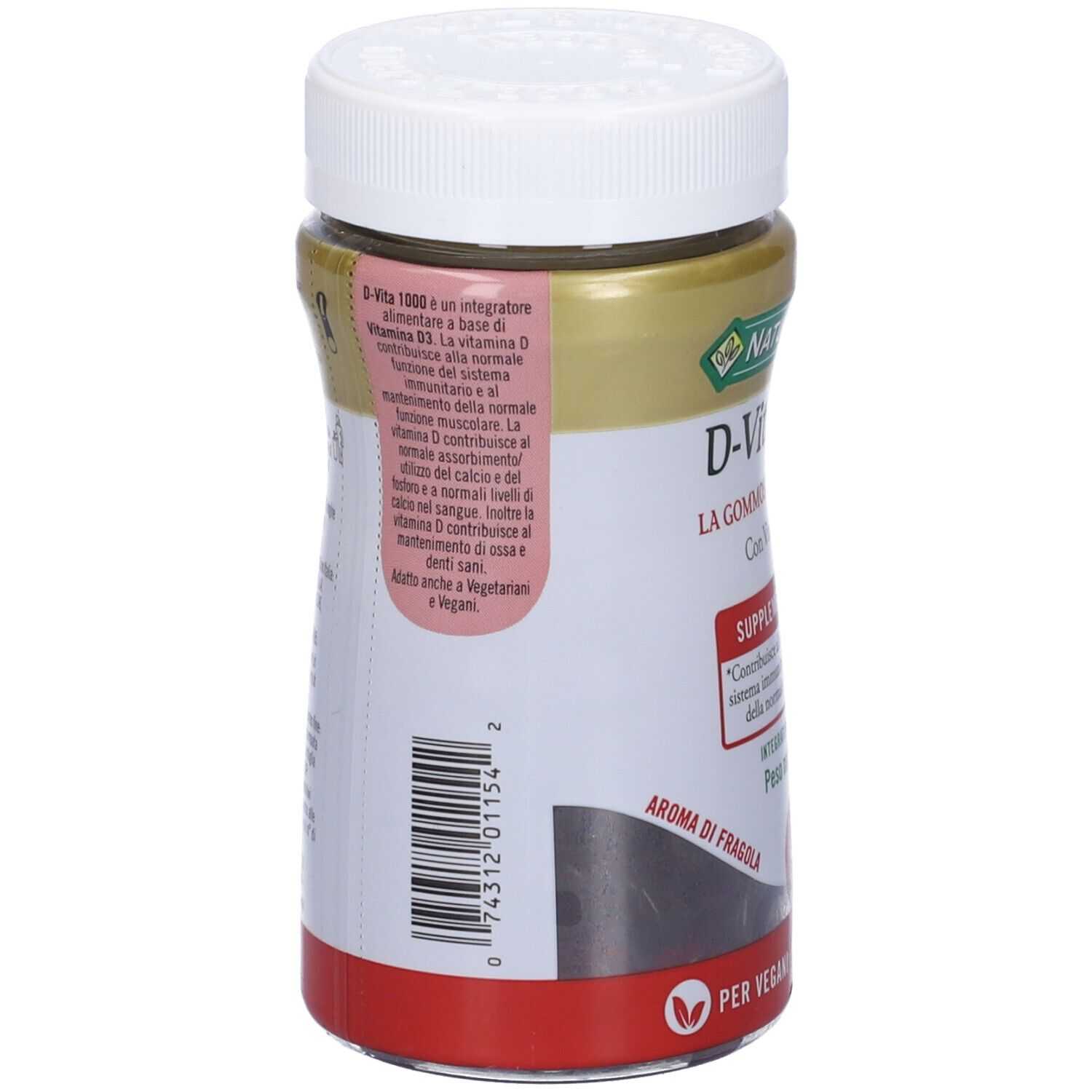 Retro del flacone D-Vita 1000. Nature's Bounty, D-Vita 1000, aroma fragola. Testo e informazioni nutrizionali.
