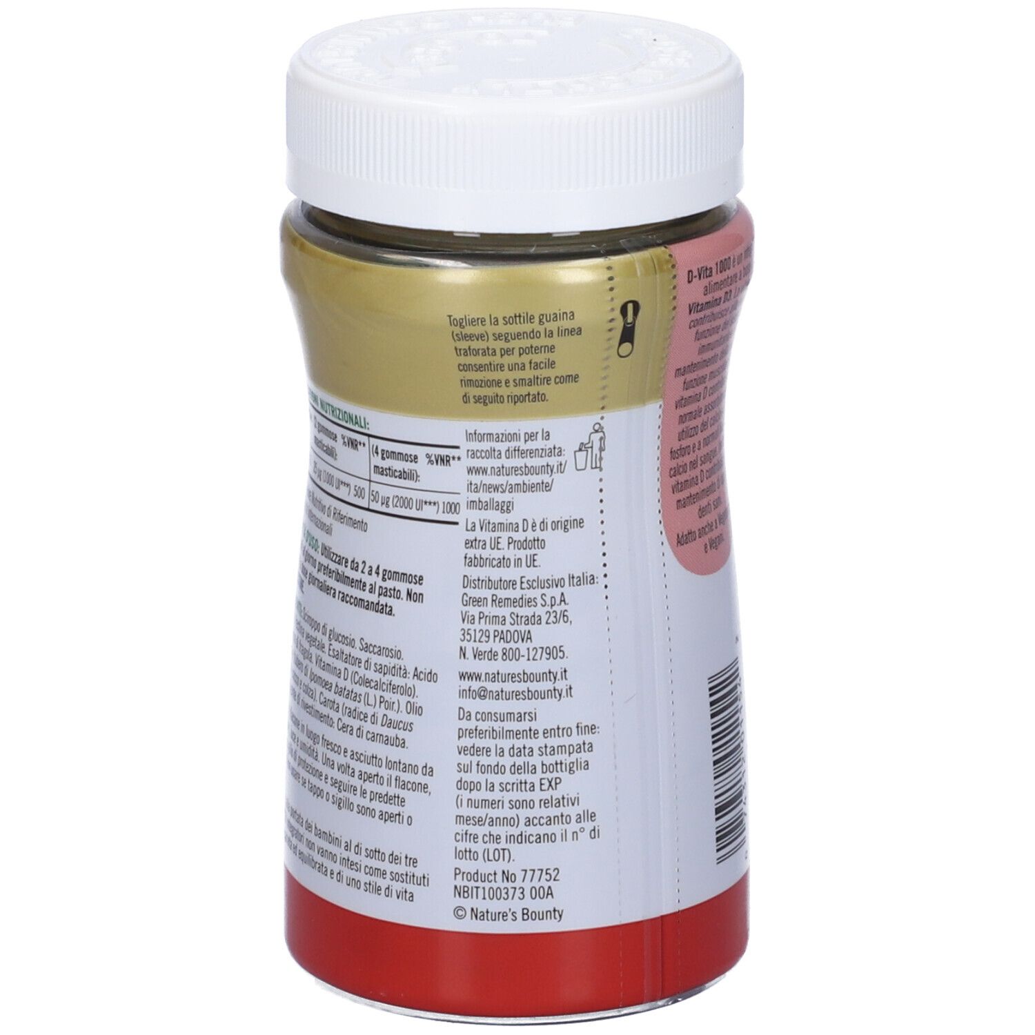 Retro del flacone D-Vita 1000. Nature's Bounty, D-Vita 1000, aroma fragola. Testo e informazioni nutrizionali.