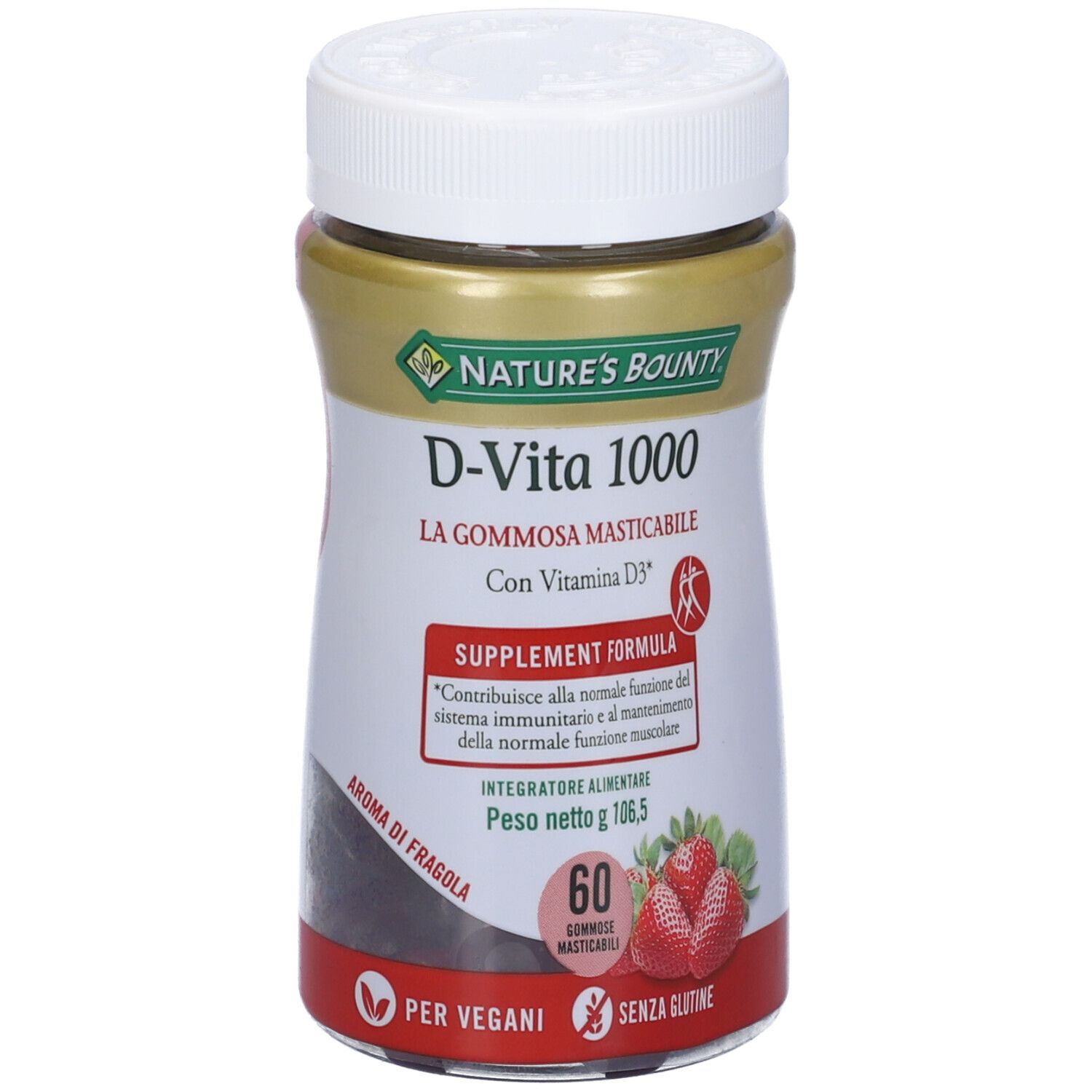 Confezione di D-Vita 1000. Nature's Bounty, D-Vita 1000, aroma fragola. 60 caramelle gommose, senza glutine, vegano.