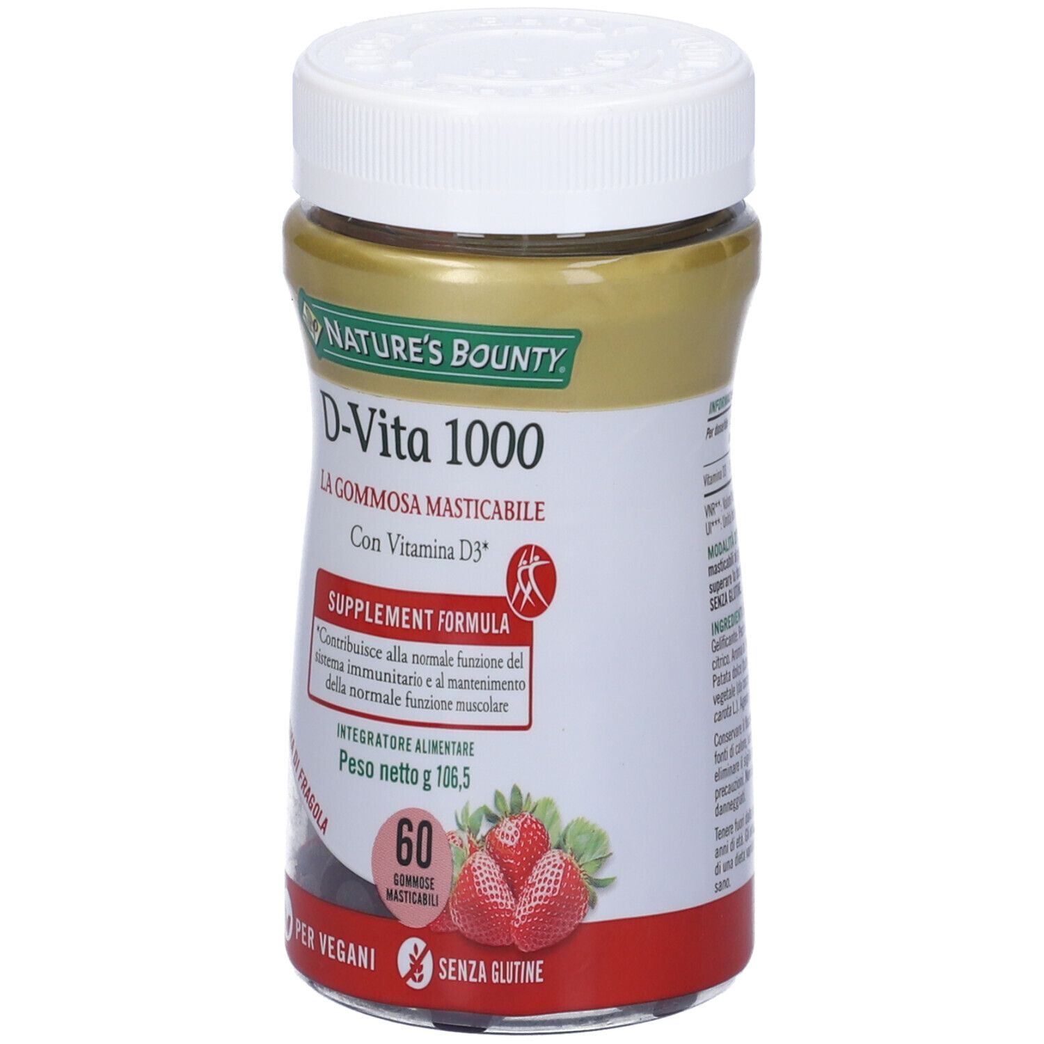 Confezione di D-Vita 1000. Nature's Bounty, D-Vita 1000, aroma fragola. 60 caramelle gommose, senza glutine, vegano.