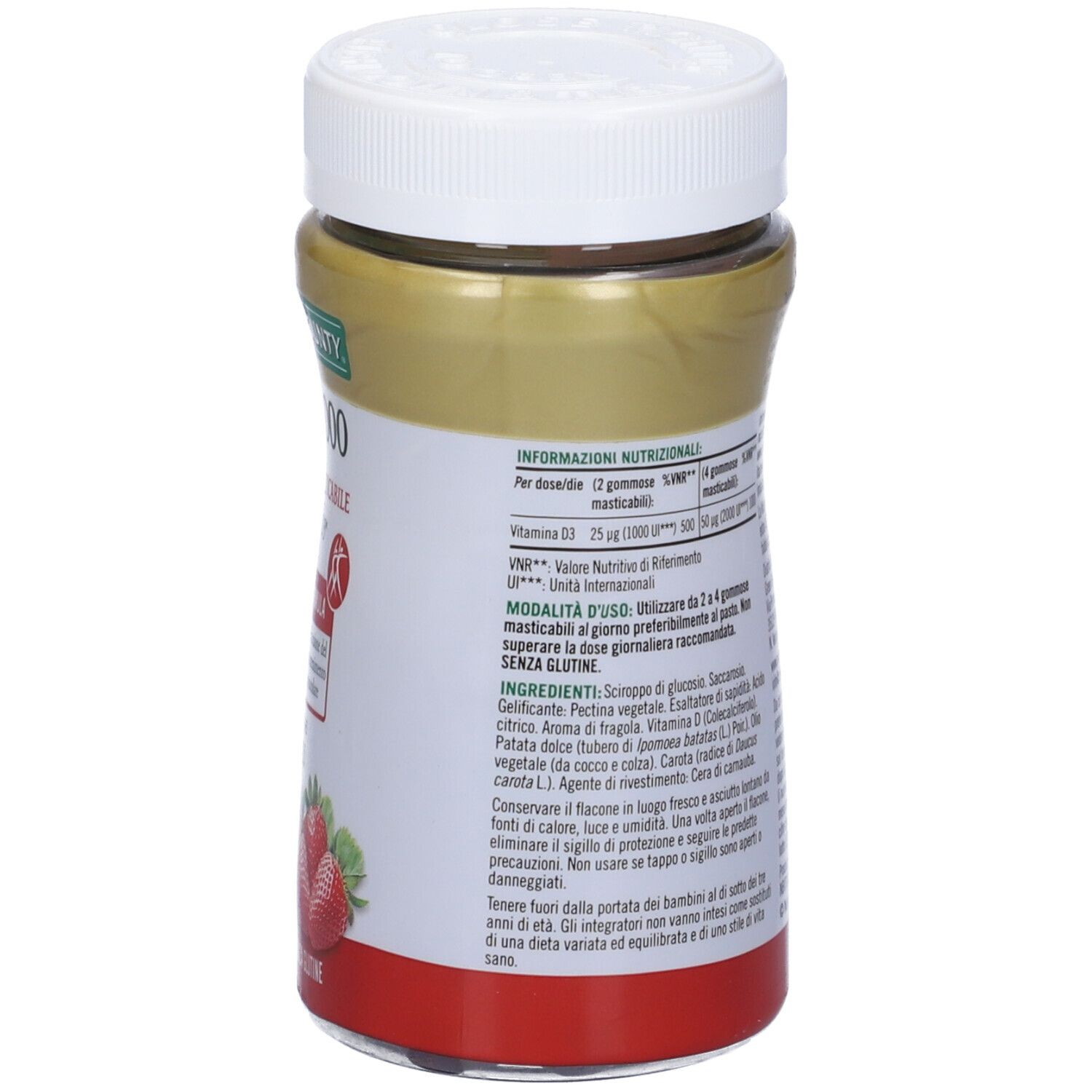 Retro del flacone D-Vita 1000. Nature's Bounty, D-Vita 1000, aroma fragola. Testo e informazioni nutrizionali.