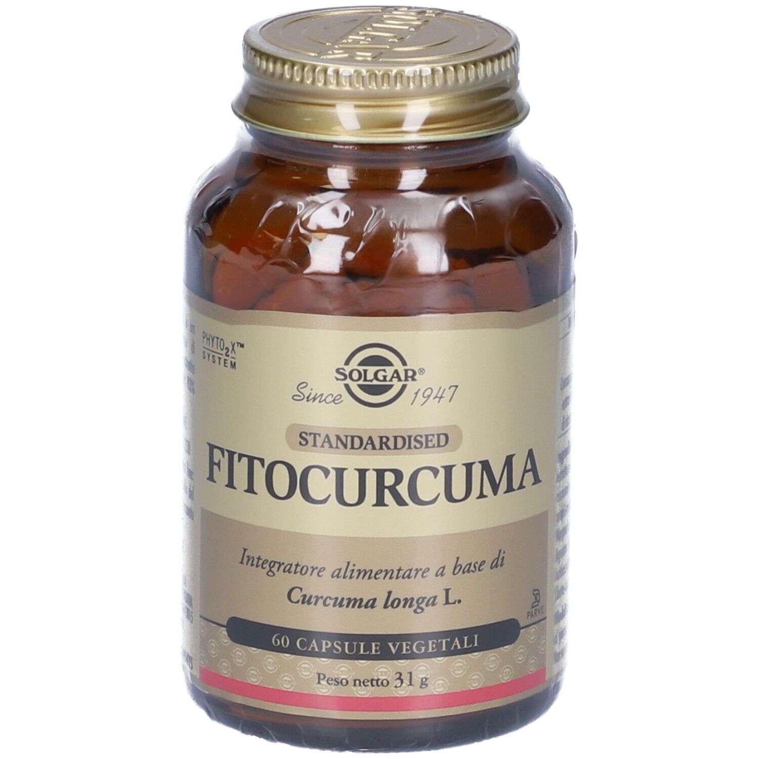 Flacone di vetro marrone con tappo dorato. Etichetta con nome prodotto e marchio SOLGAR®. 60 capsule. Peso netto 31g.