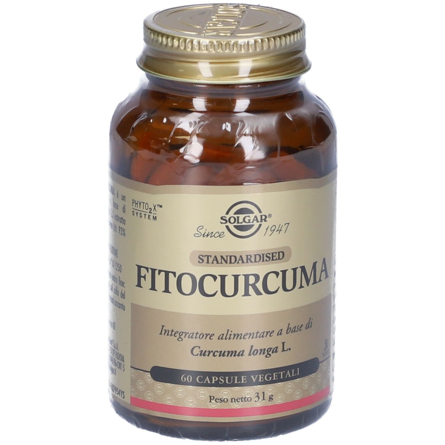 Flacone di vetro marrone con tappo dorato. Etichetta con nome prodotto e marchio SOLGAR®. 60 capsule. Peso netto 31g.
