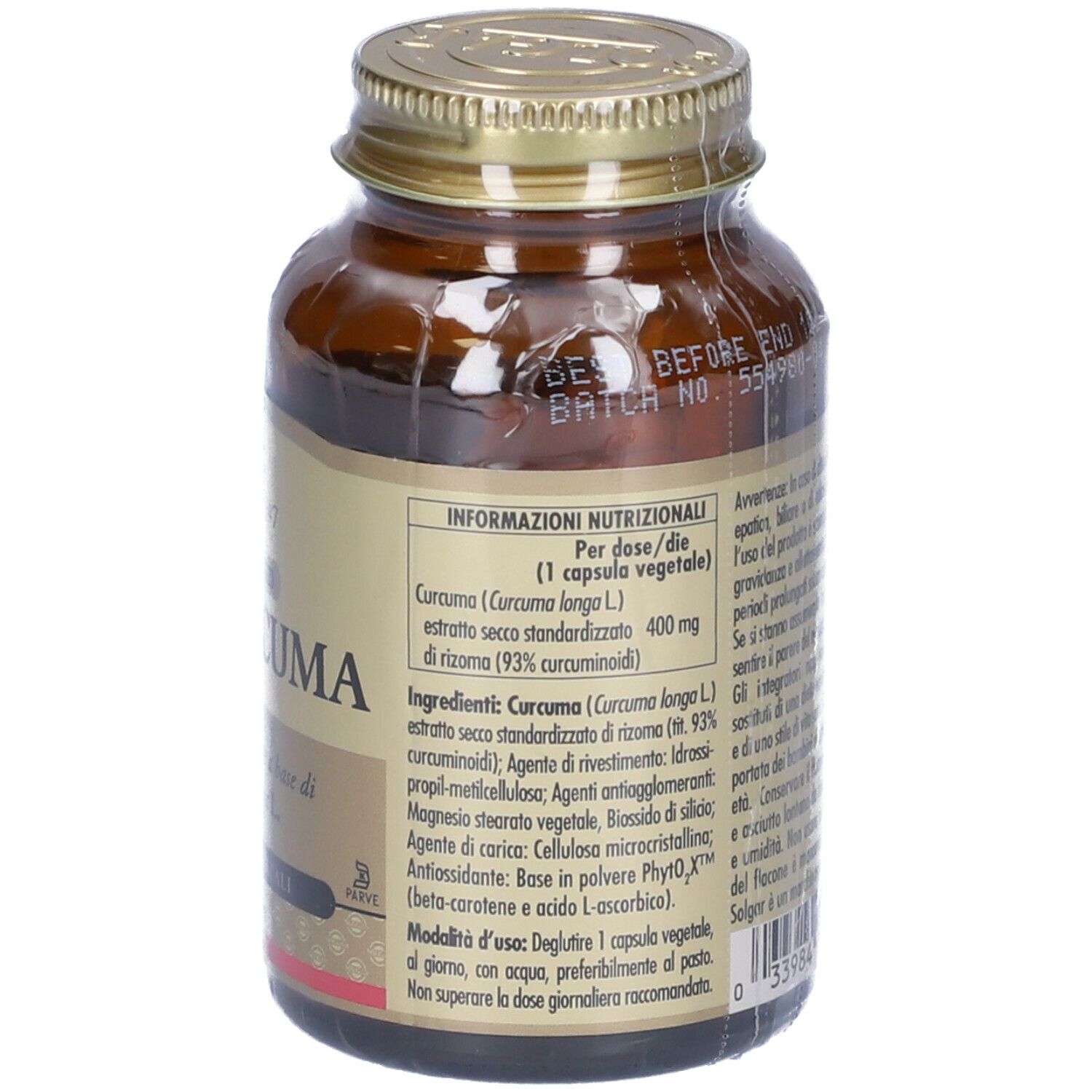 Retro del flacone di vetro marrone. Etichetta con informazioni nutrizionali e ingredienti. Dosaggio: 1 capsula al giorno.