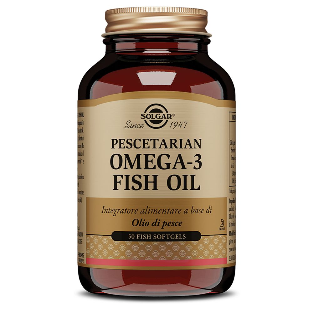 Bottiglia di vetro marrone con tappo dorato. Etichetta SOLGAR® Pescetarian Omega-3. 50 softgels di pesce.