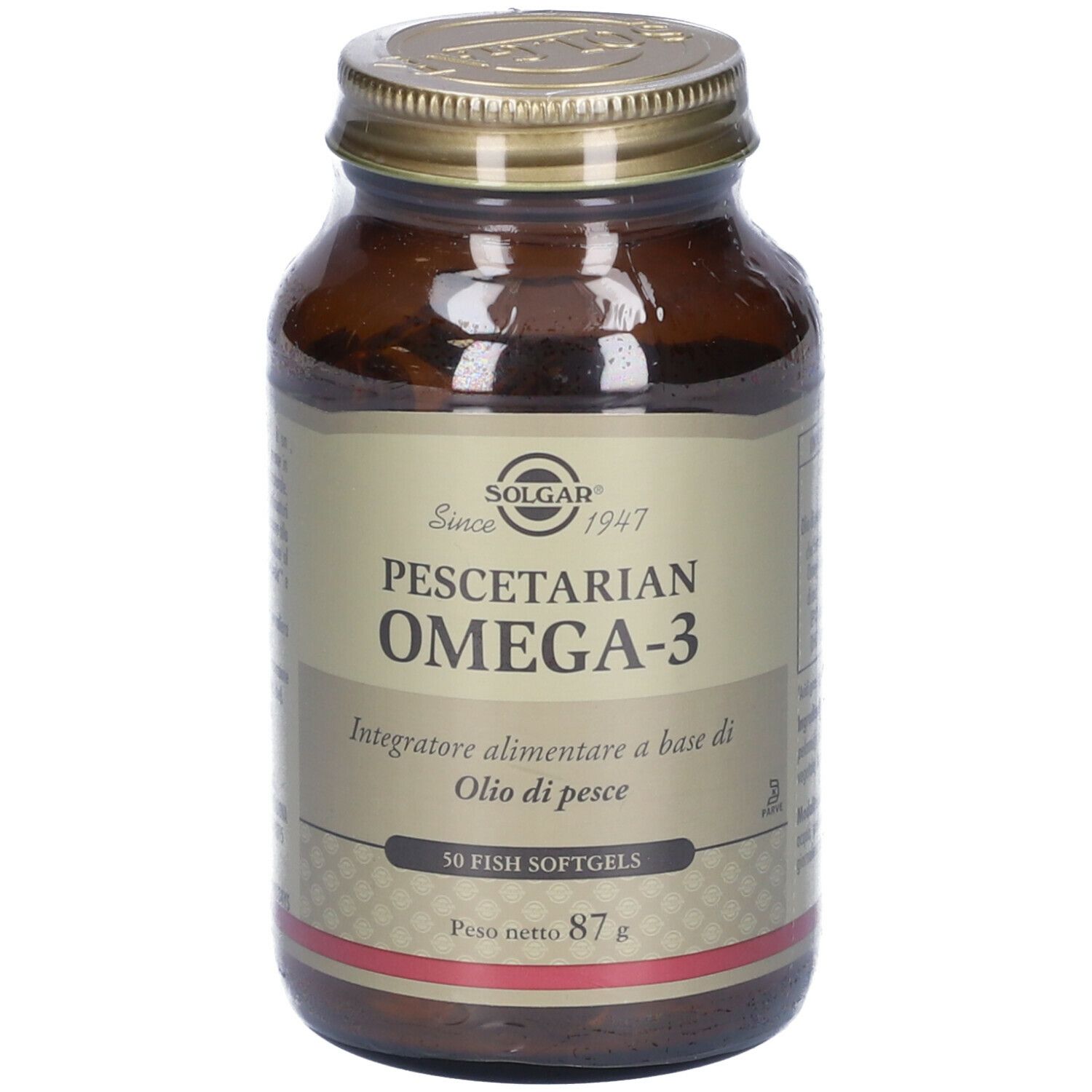 Bottiglia di vetro marrone con tappo dorato. Etichetta SOLGAR® Pescetarian Omega-3. 50 softgels di pesce.