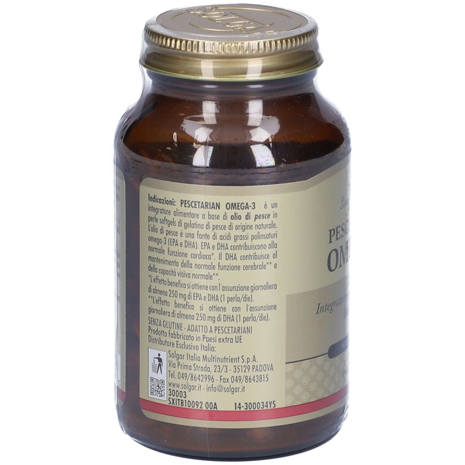 Retro della bottiglia di vetro marrone. Etichetta con informazioni su SOLGAR® Pescetarian Omega-3. Testo in italiano.