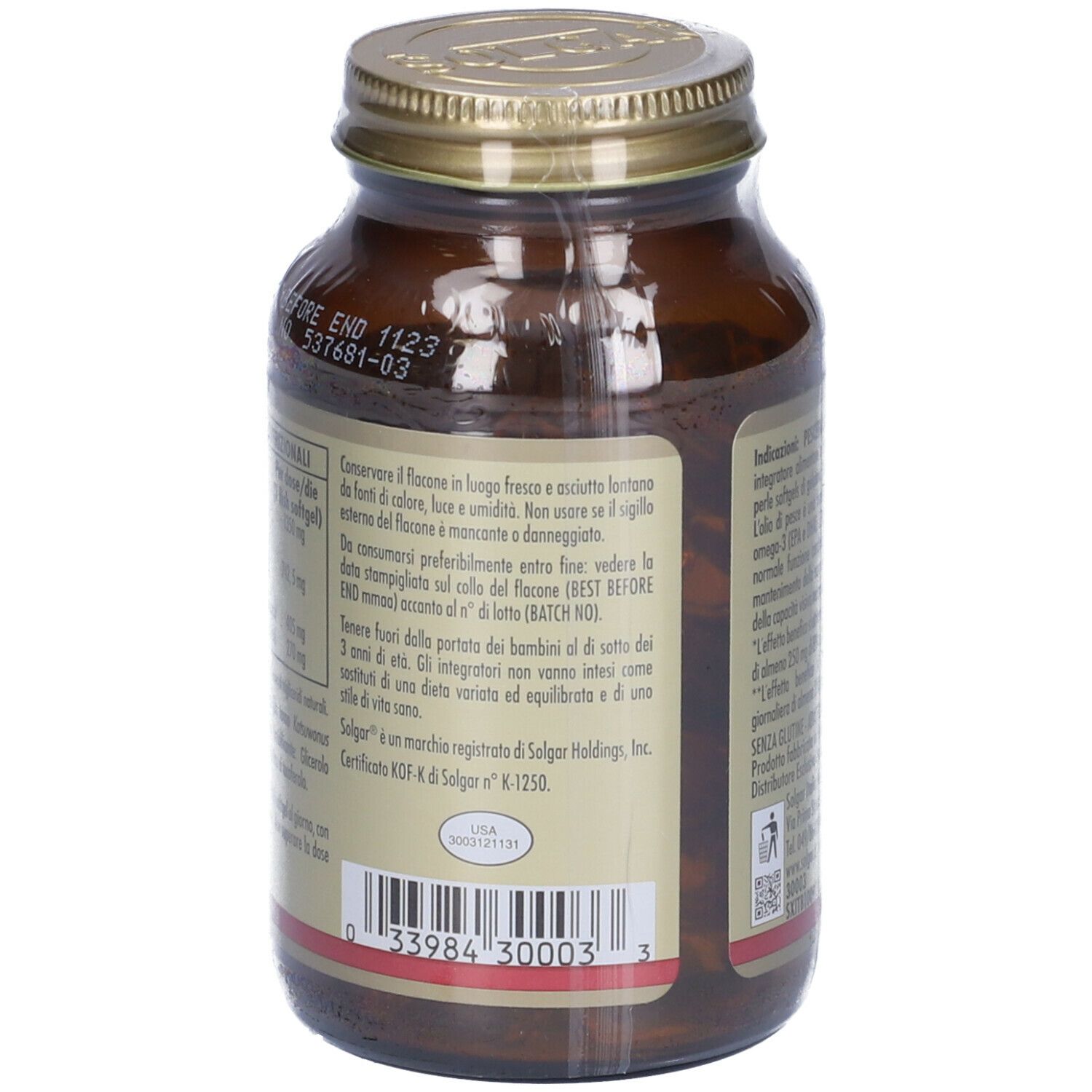 Retro della bottiglia di vetro marrone. Etichetta con informazioni su SOLGAR® Pescetarian Omega-3. Testo in italiano.