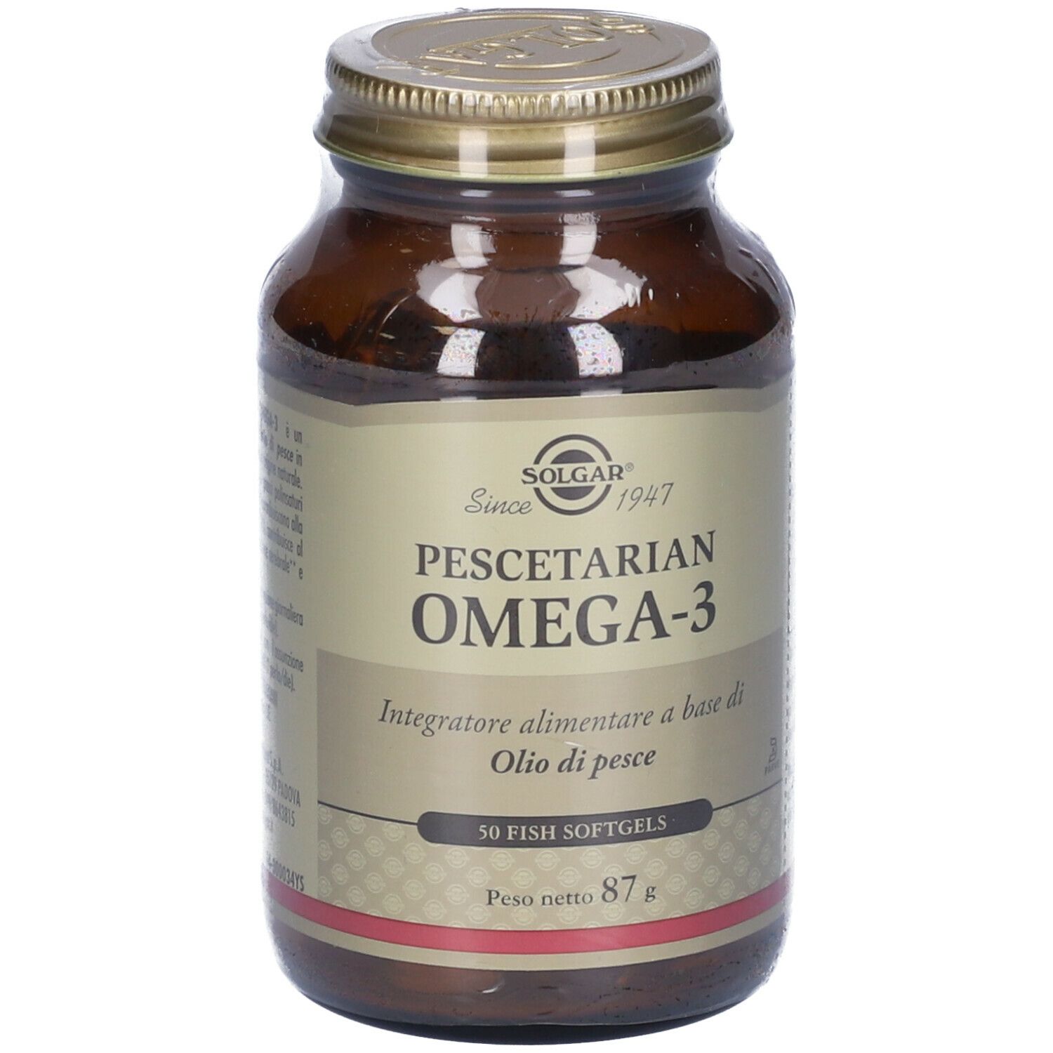 Bottiglia di vetro marrone con tappo dorato. Etichetta SOLGAR® Pescetarian Omega-3. 50 softgels di pesce.