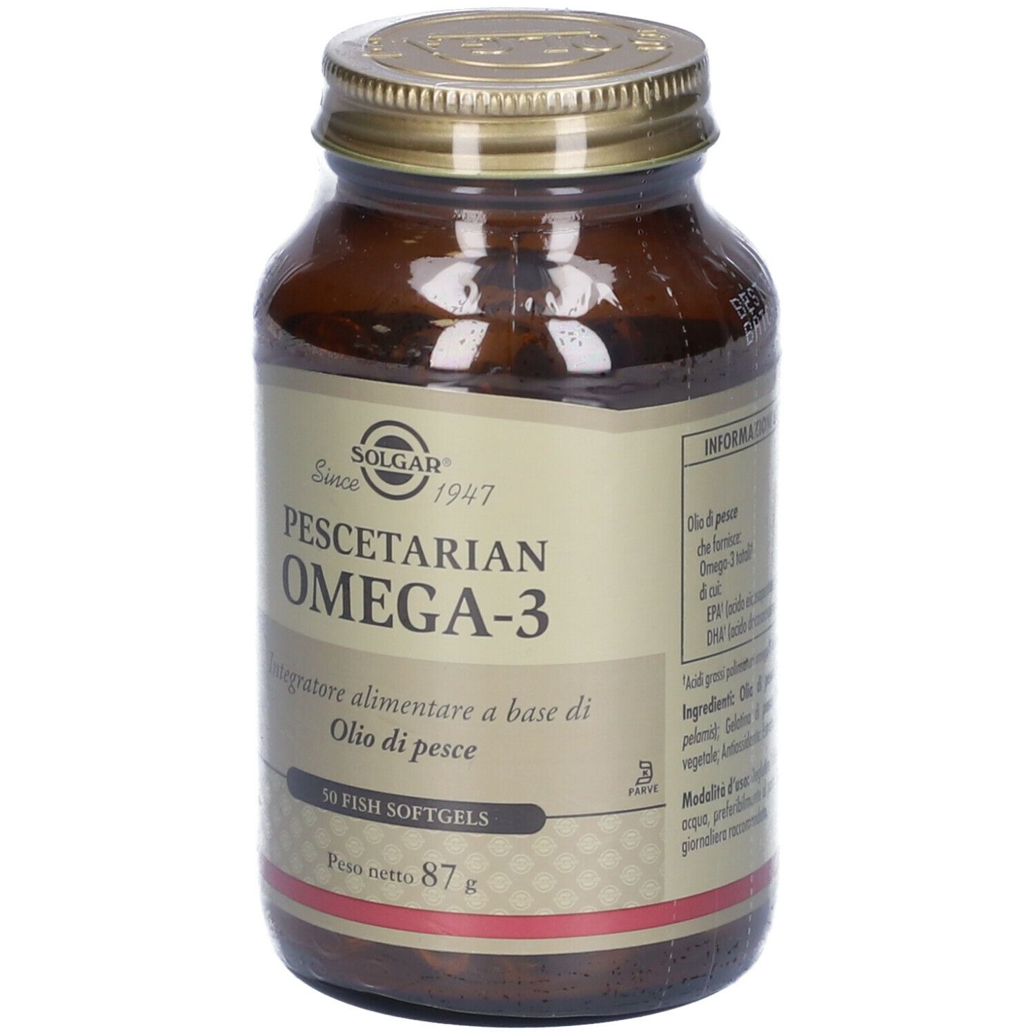 Bottiglia di vetro marrone con tappo dorato. Etichetta SOLGAR® Pescetarian Omega-3. 50 softgels di pesce.