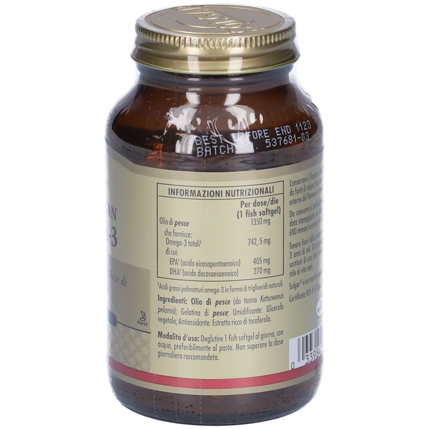 Retro della bottiglia di vetro marrone. Etichetta con informazioni nutrizionali SOLGAR® Pescetarian Omega-3. Testo in italiano.